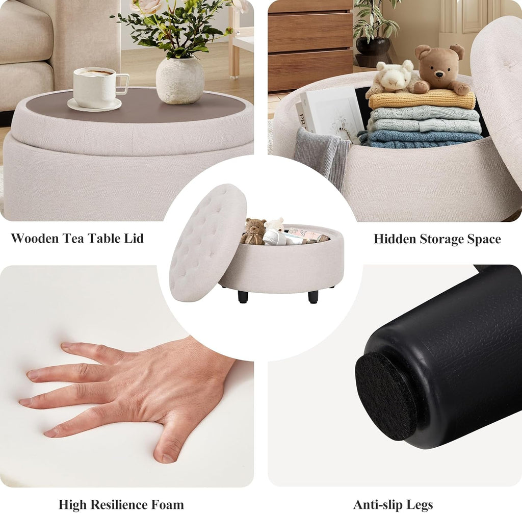 Beige Polyester Circular Storage Ottoman With Tray