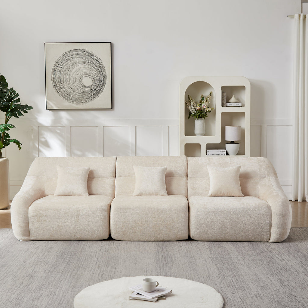 Sectional Sofa Curved Beige Chenille 123.2 Inch Four Pillows No Assembly
