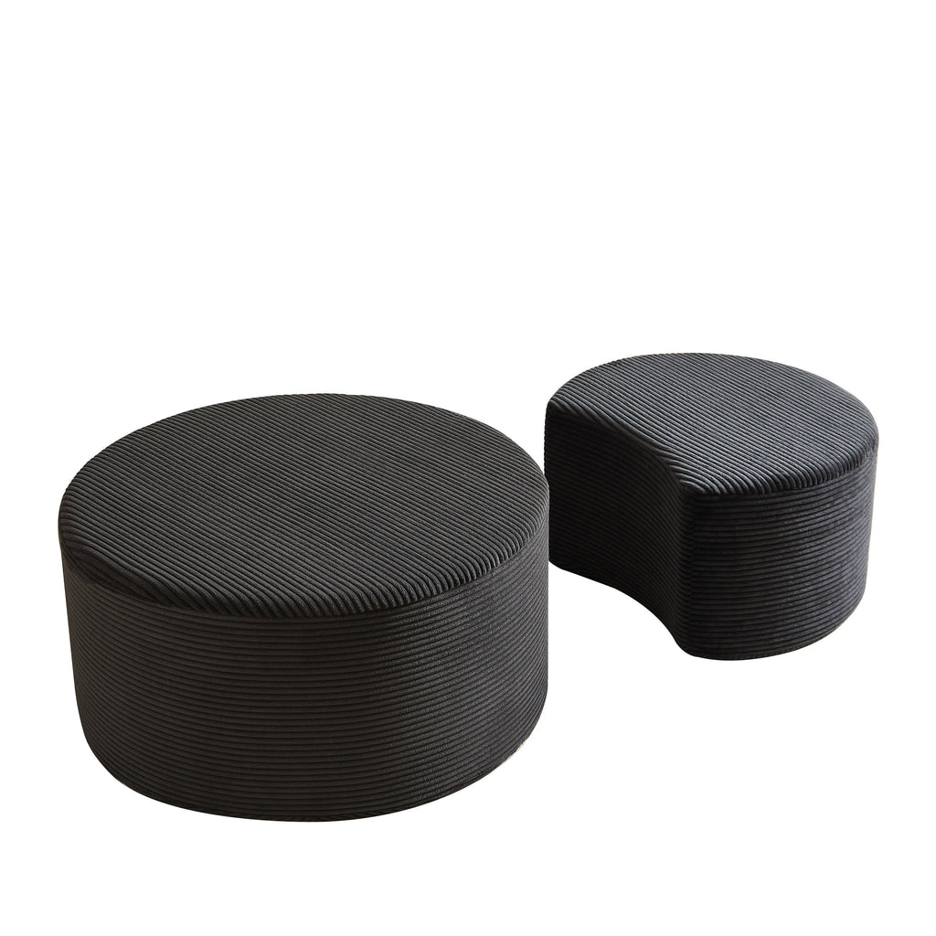 Upholstered Round Coffee Table Set of 2, Black Corduroy Fabric, No Assembly