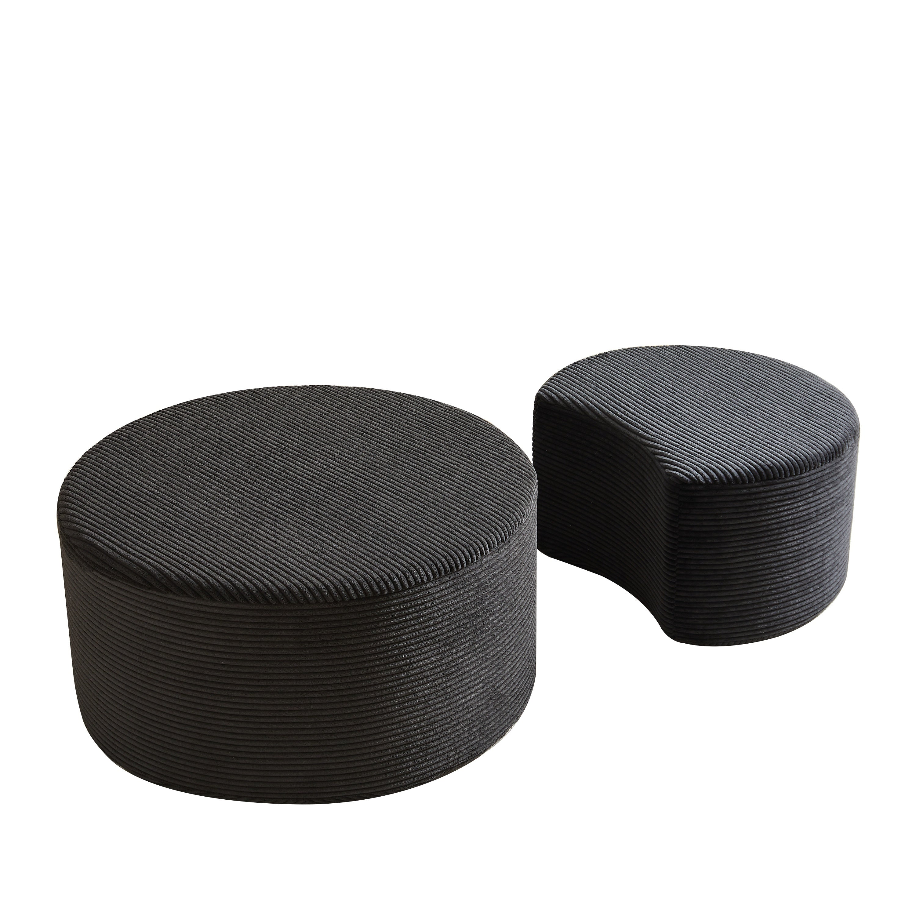 Upholstered Round Coffee Table Set of 2, Black Corduroy Fabric, No Assembly