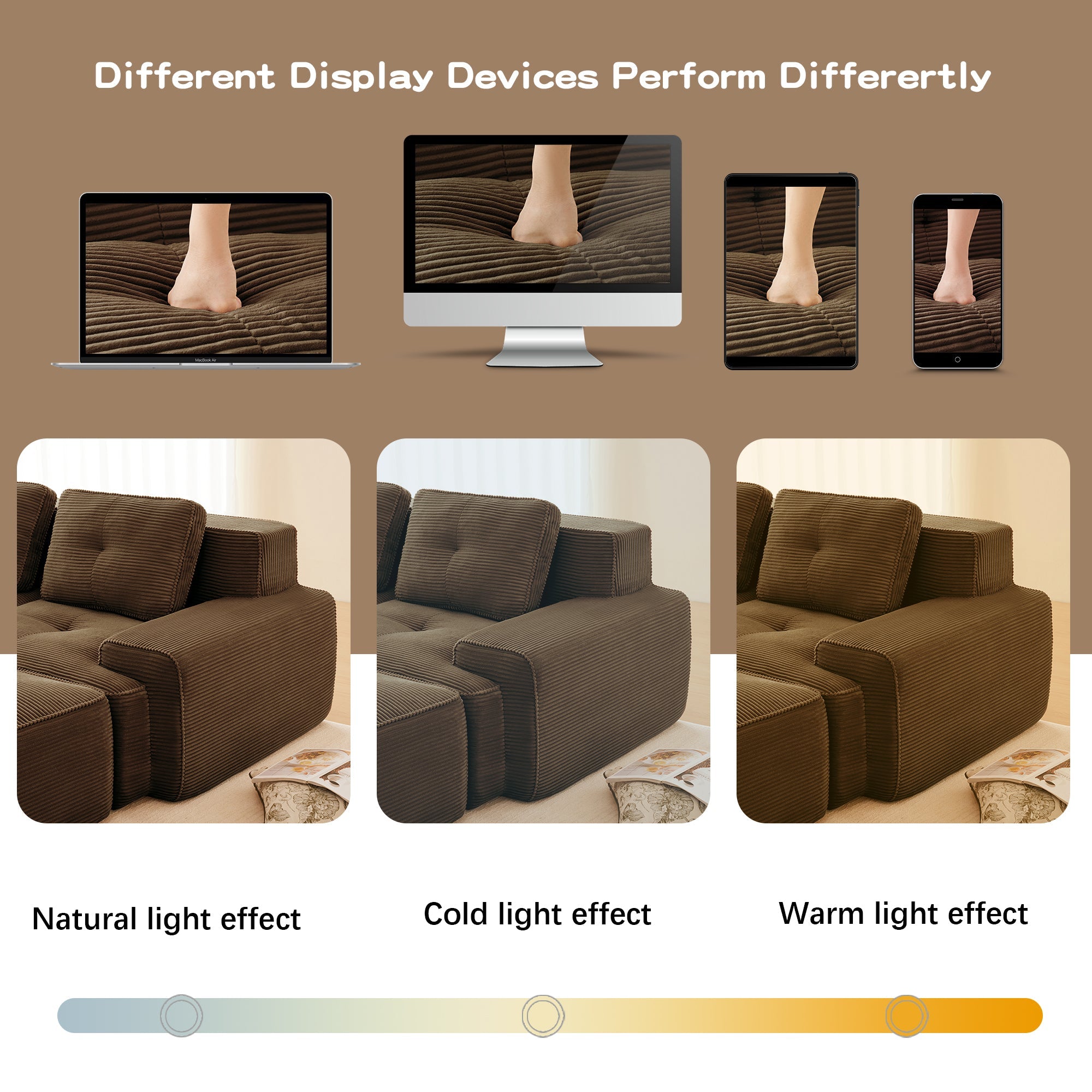 Sectional Sofa L-Shape Corduroy Brown 3 Seat Modular with Ottoman