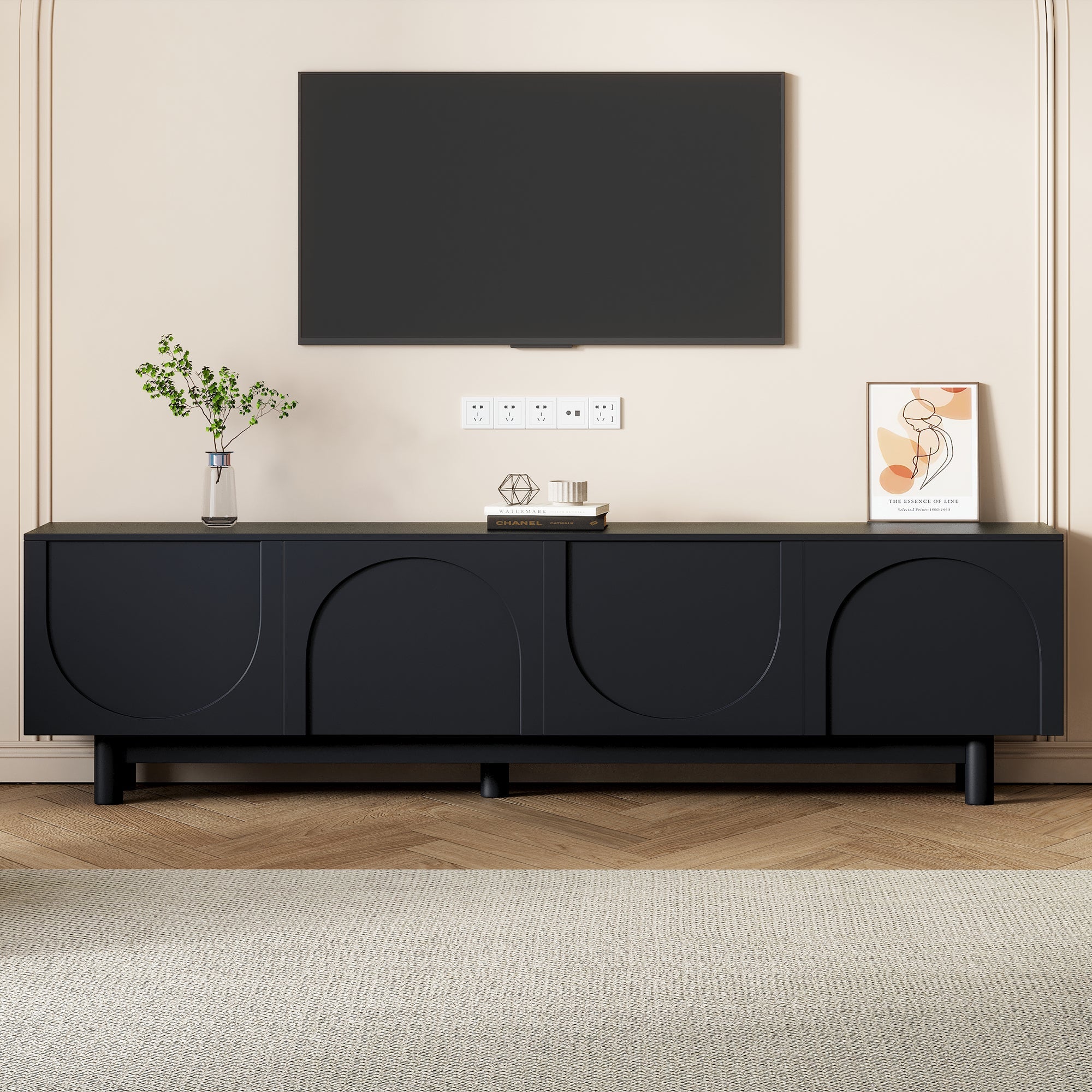 TV Stand Minimalist Black Particle Board Arch Doors Wood Legs Fits 78 In TV