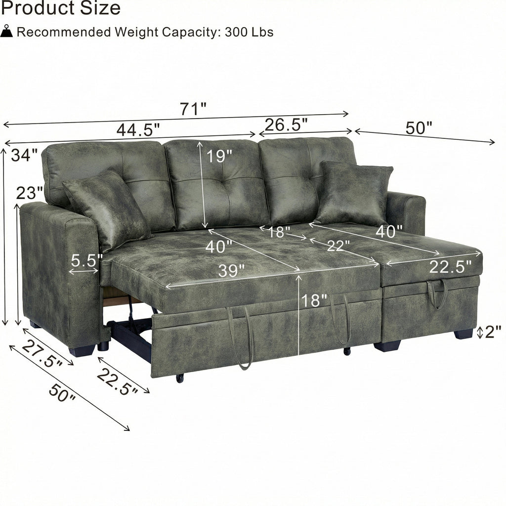 Sectional Sofa l Shaped Olive Green Fabric Sleeper with Small Space Solution