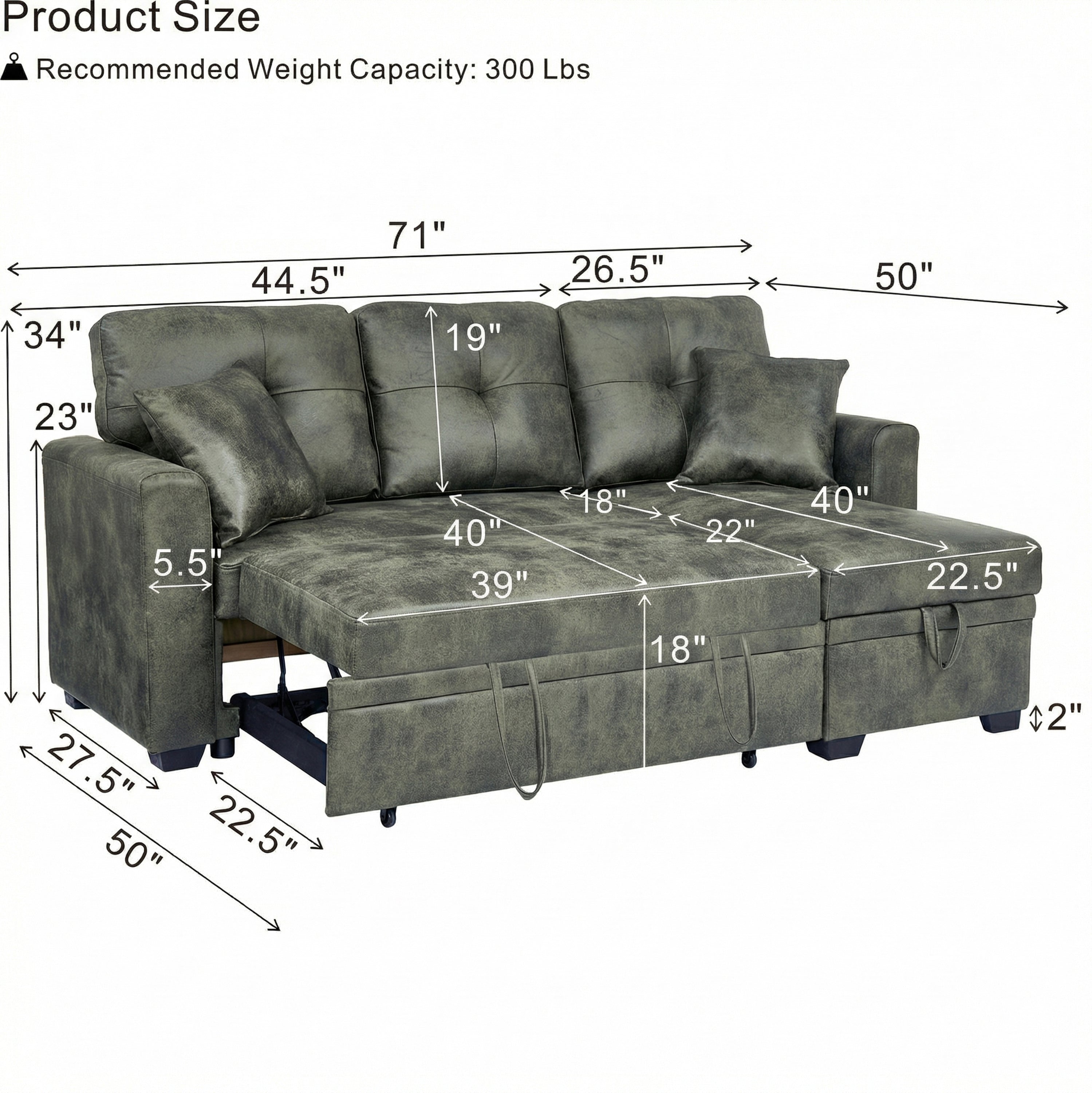 Sectional Sofa l Shaped Olive Green Fabric Sleeper with Small Space Solution