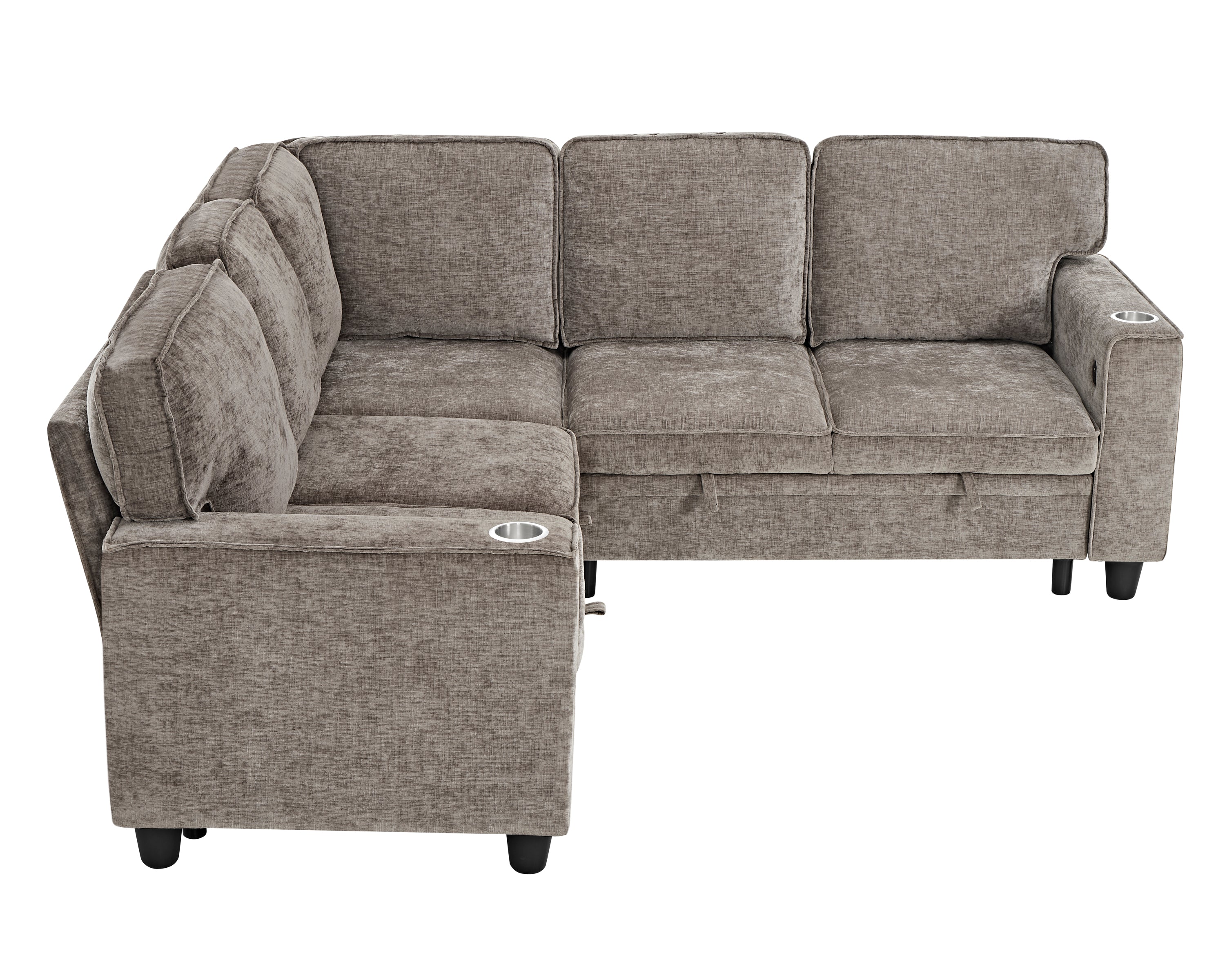 Sectional Sofa L-Shape Chenille Brown 5 Seat USB Ports Pull-Out 81 In
