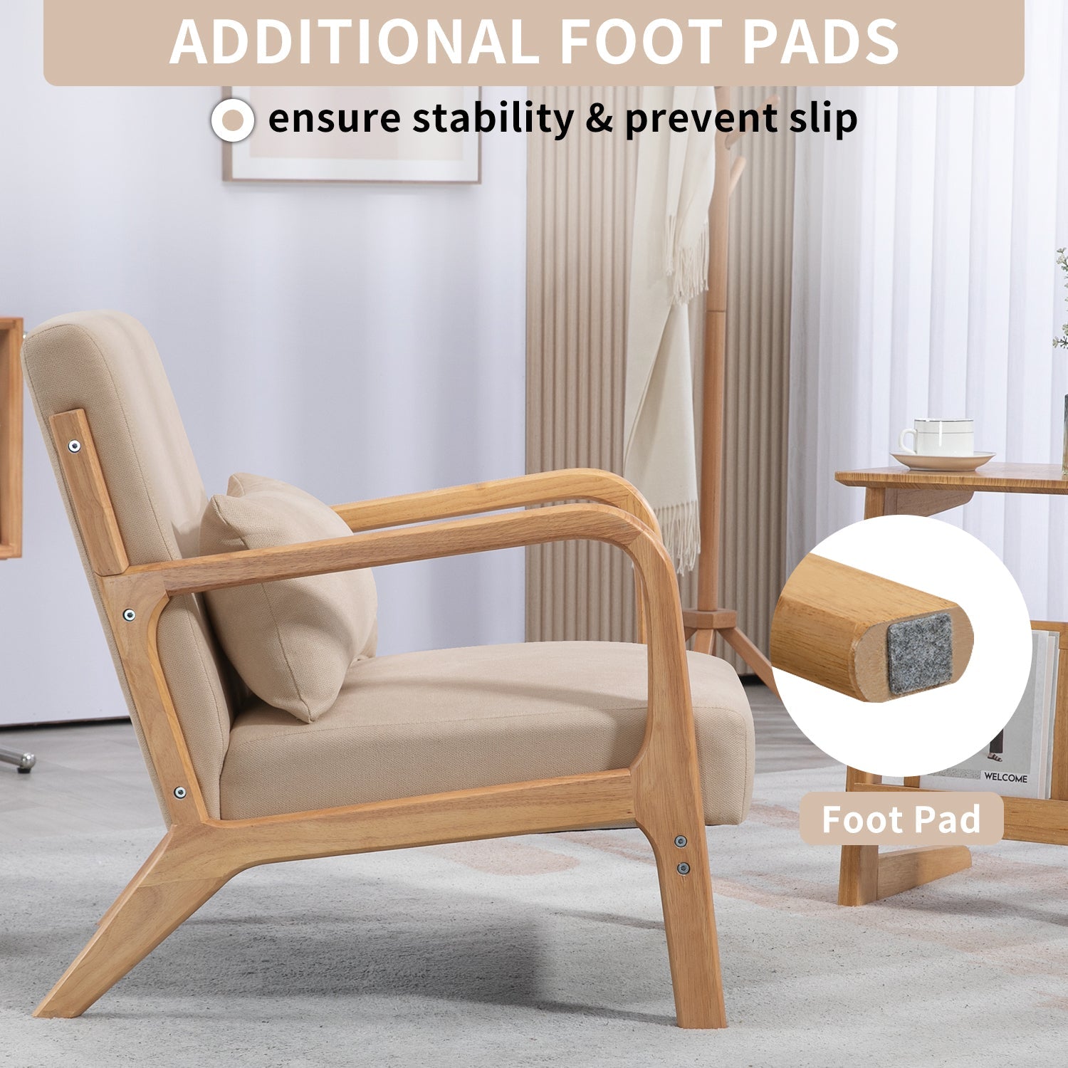 Accent Chair Mid Century Modern Beige Linen with Wood Armrest and Feet One Seat
