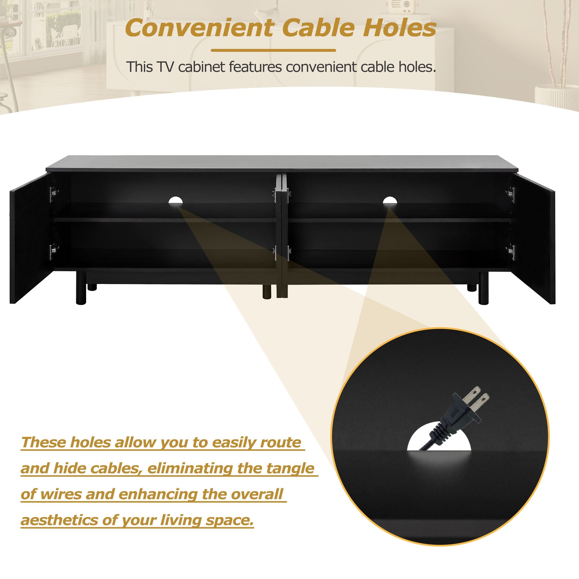 TV Stand Minimalist Black Particle Board Arch Doors Wood Legs Fits 78 In TV