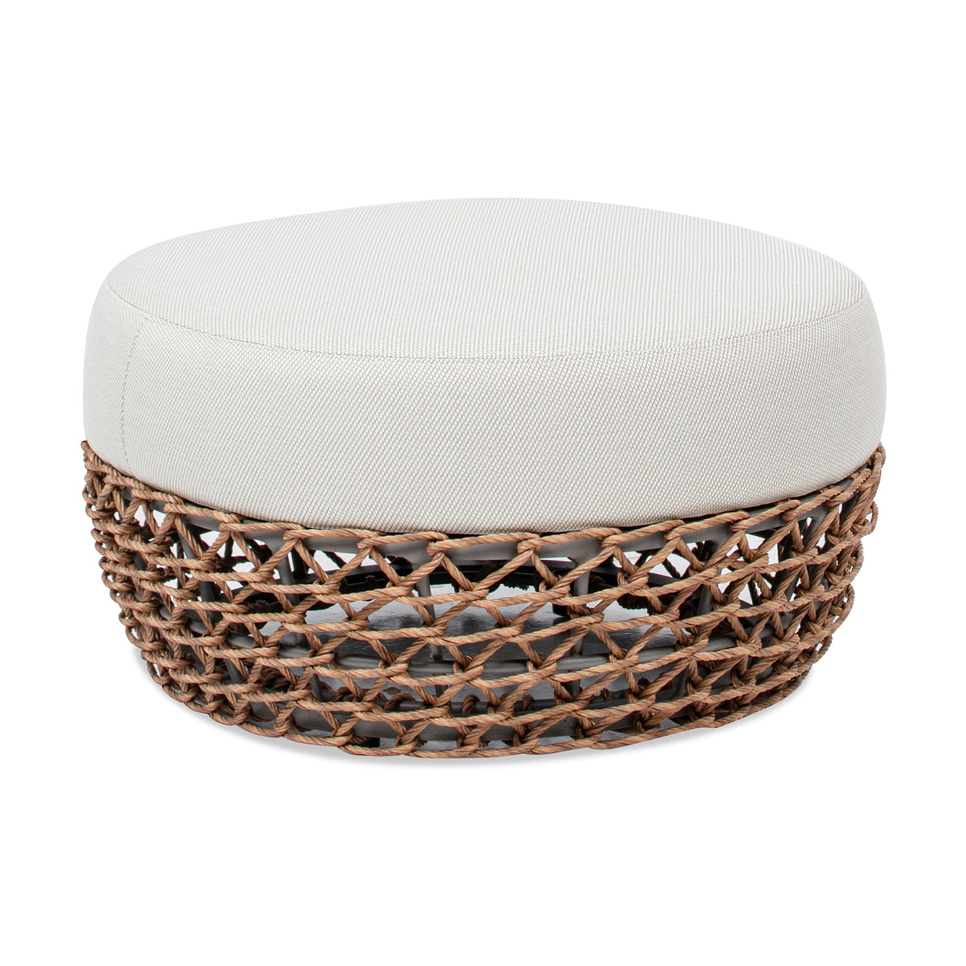 Outdoor Round Ottoman - Wheat Beige Cushion, Golden Brown Wicker Frame, 25in