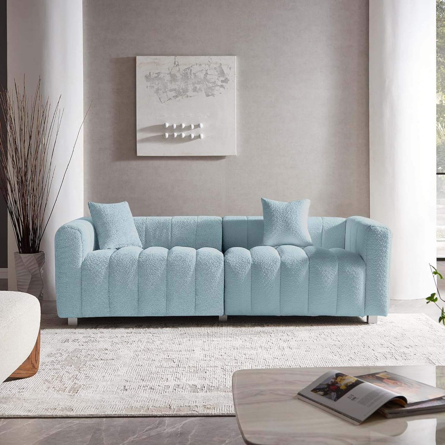 Sofa Modern Velvet Three Seater with Metal Base and Two Pillows