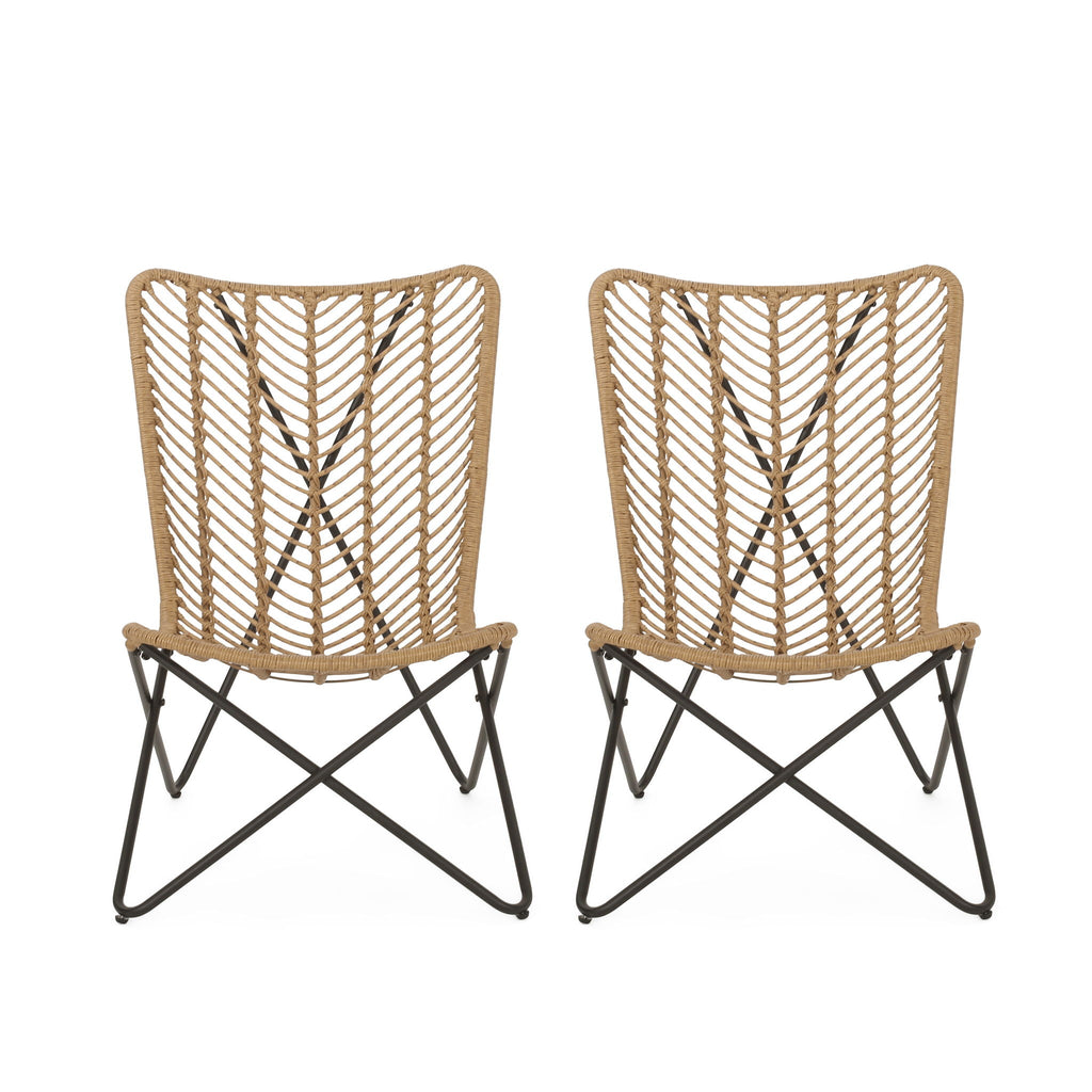 Wicker Chair with Geometric Cross Base (Set of 2) - Light Brown