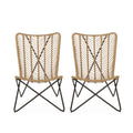 Wicker Chair with Geometric Cross Base (Set of 2) - Light Brown
