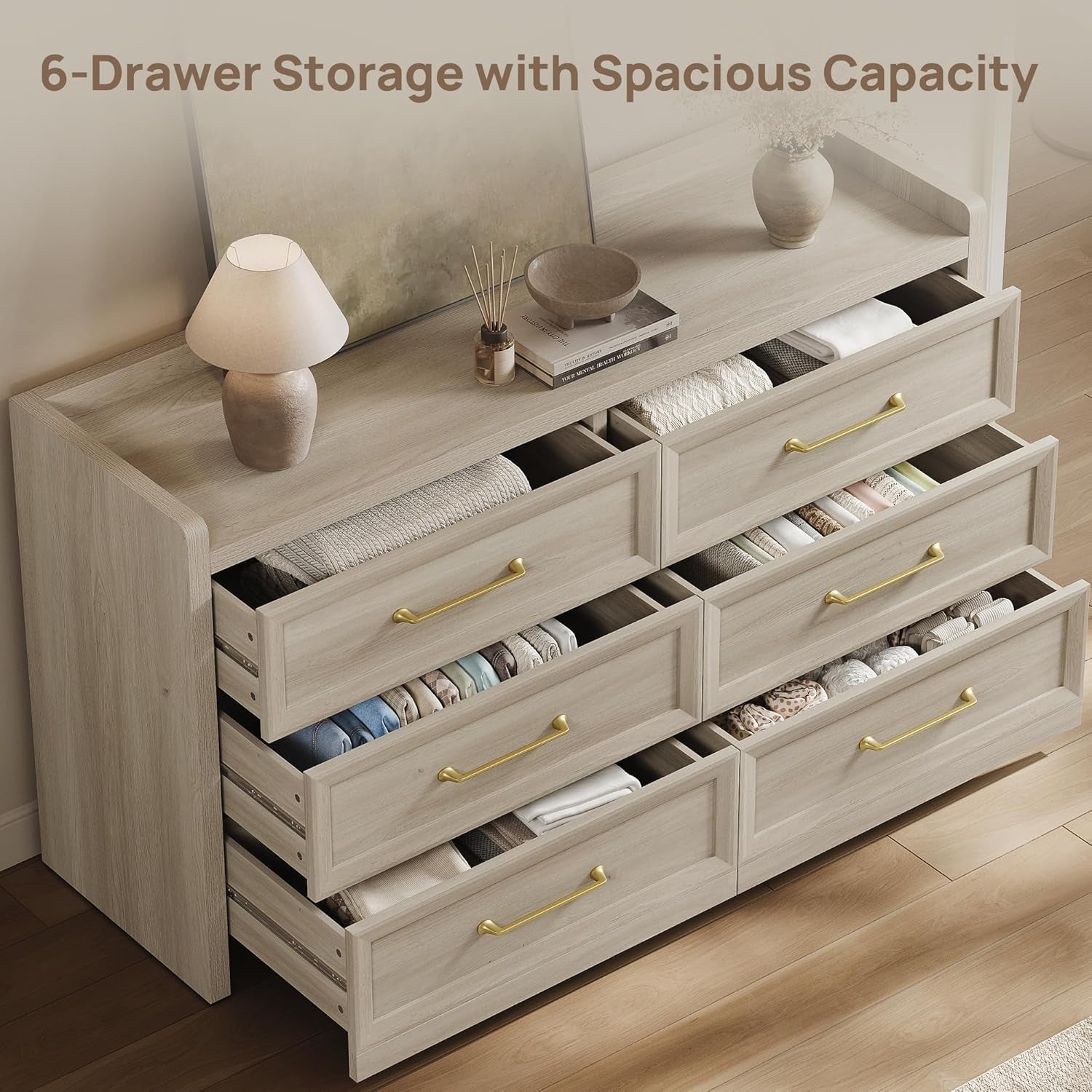 56InchExtraWideGreyOakDresser With LargeStorage Drawers