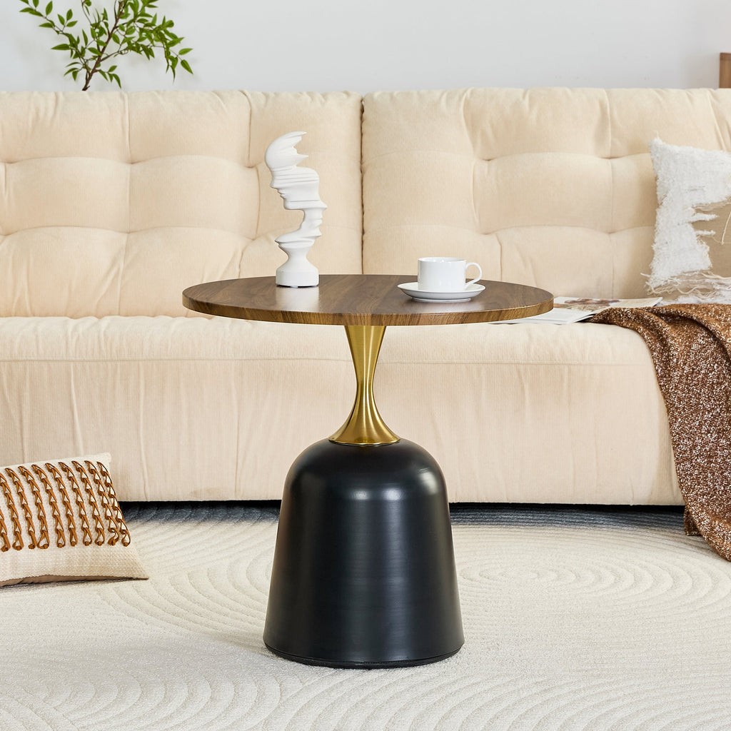 23.6 in Round Side Table, Metal Base, Walnut Wood Grain, Living Room Office