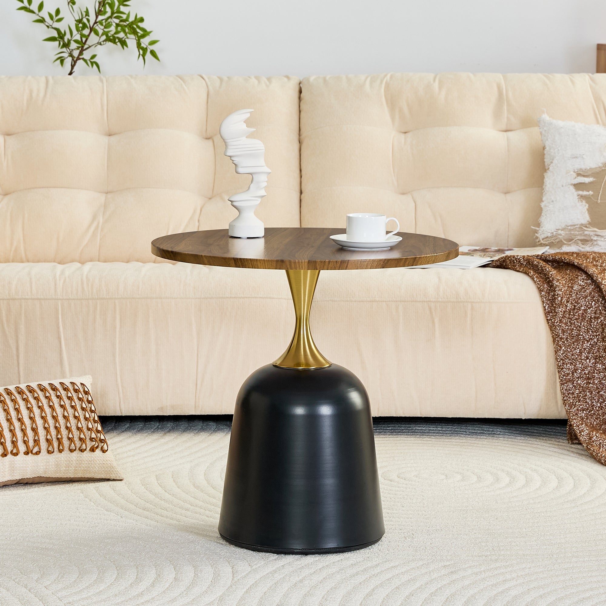 23.6 in Round Side Table, Metal Base, Walnut Wood Grain, Living Room Office