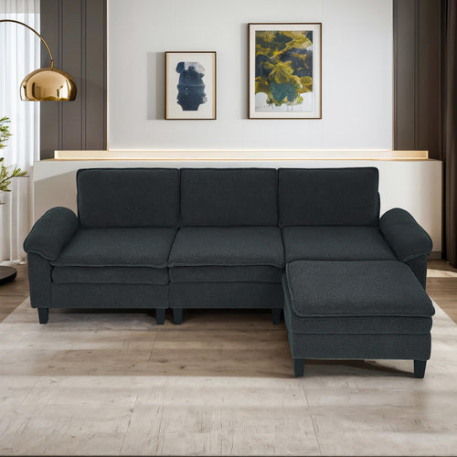 3-Seater Modular Sofa with Ottoman - Teddy Velvet, Solid Wood & Spring Cushion, Double-Layered Seat for Living Room