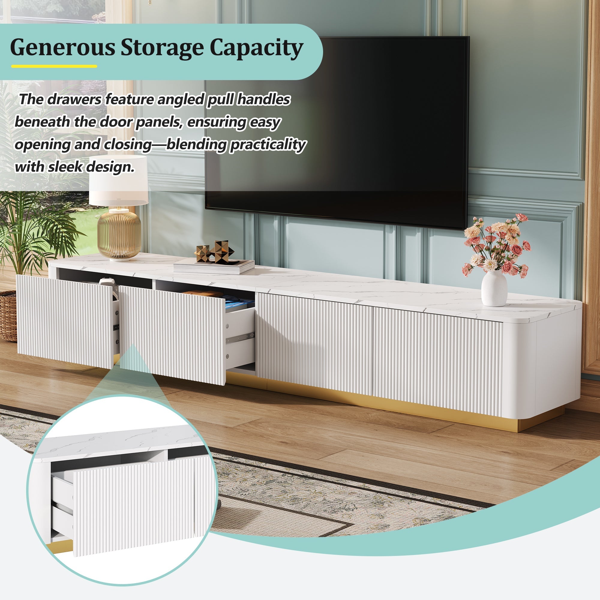 TV Stand Luxury Fluted White MDF Faux Marble Top 4-Drawer Fits 85 In TV