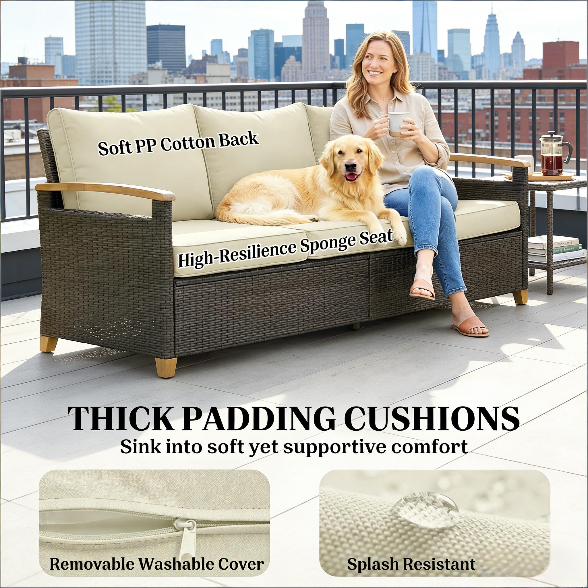 Outdoor Sofa Set Wicker Beige Brown 3 Seat Steel Frame 792 lb Capacity