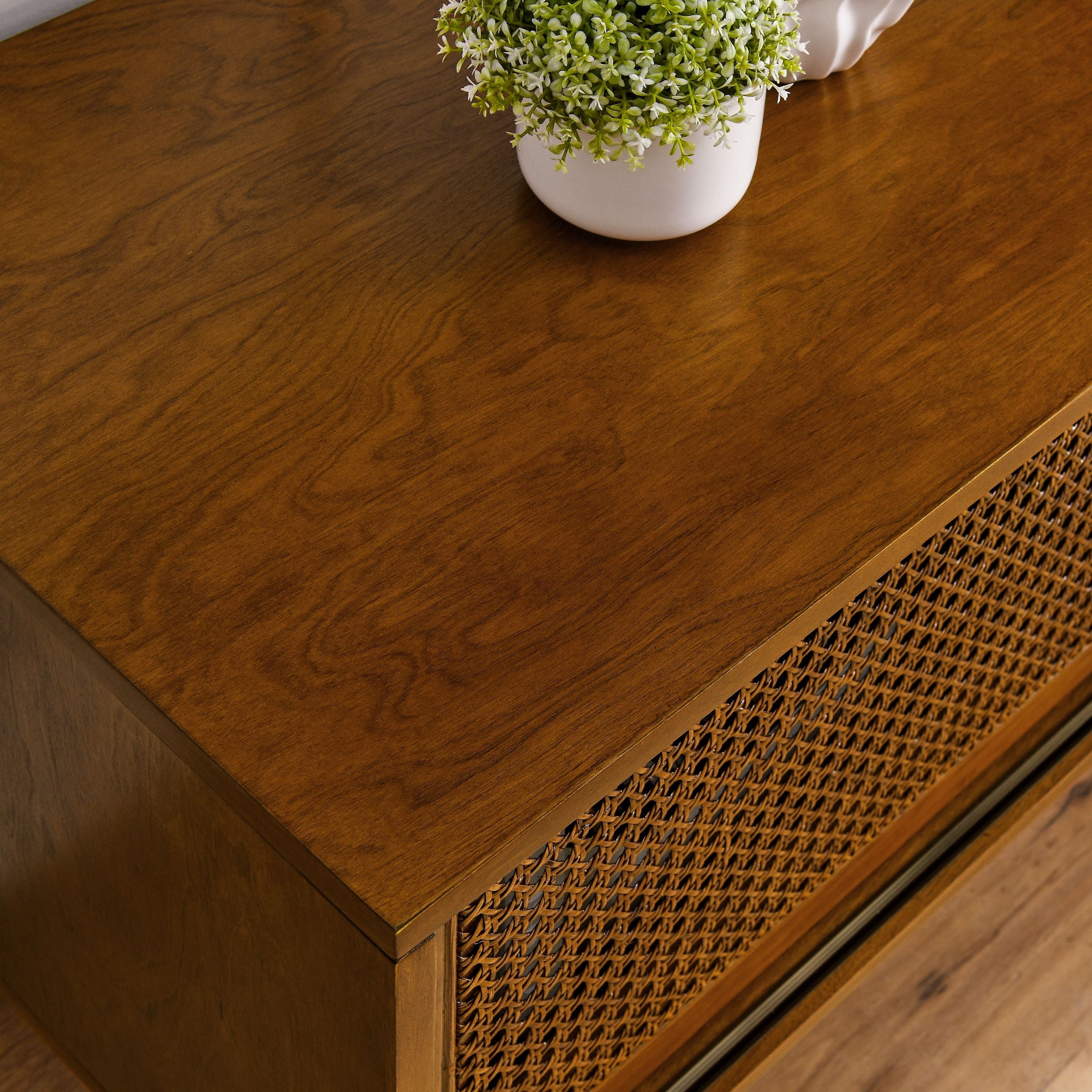 TV Stand Mid-Century Boho Rattan MDF Brown Ebony Sliding Door Fits 65 In TV