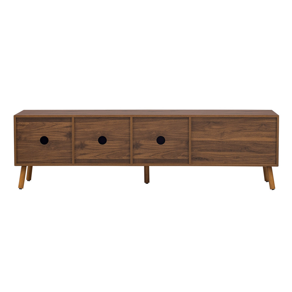 TV Stand Mid-Century Walnut Solid Wood MDF Push-Pop Doors Fits 80 In TV