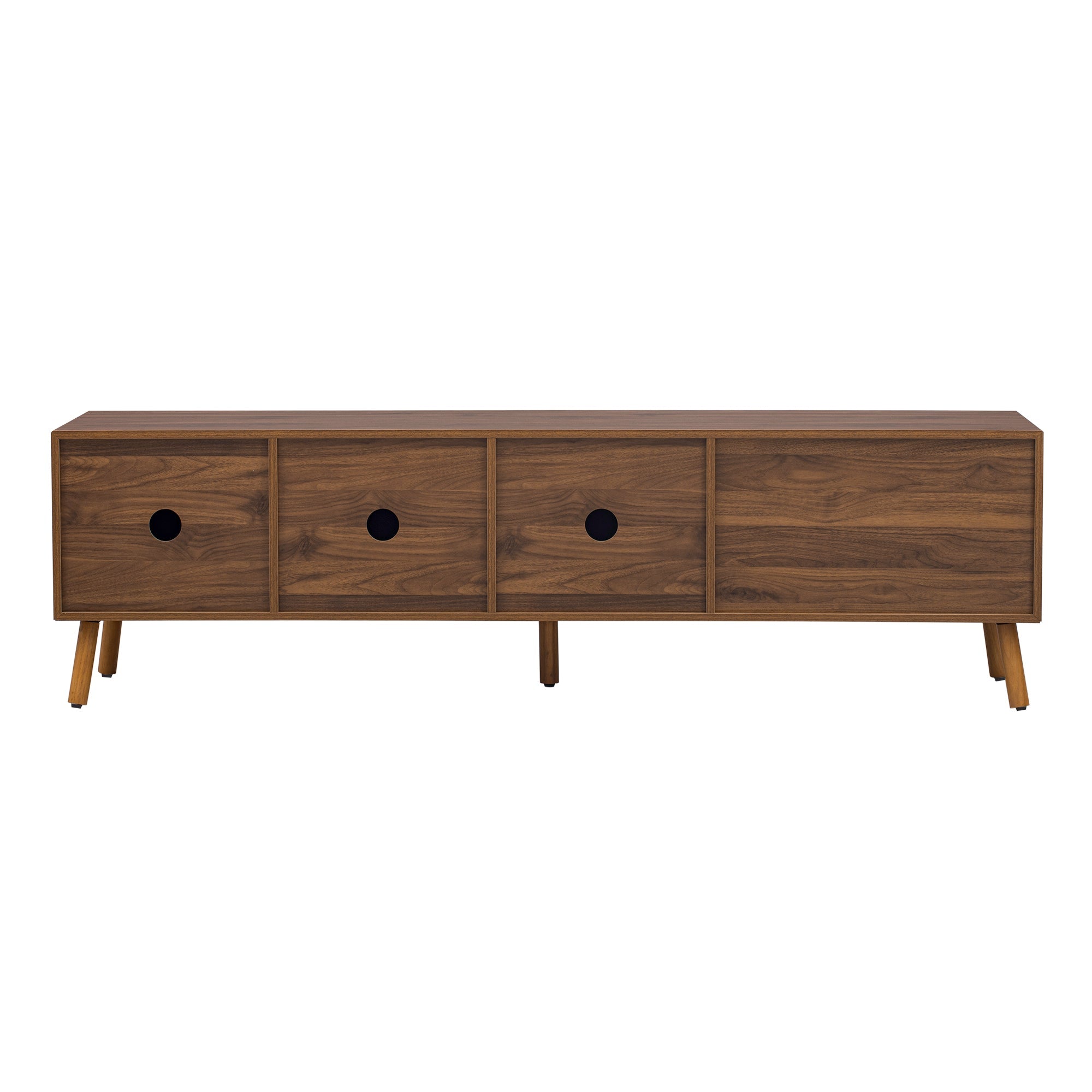 TV Stand Mid-Century Walnut Solid Wood MDF Push-Pop Doors Fits 80 In TV