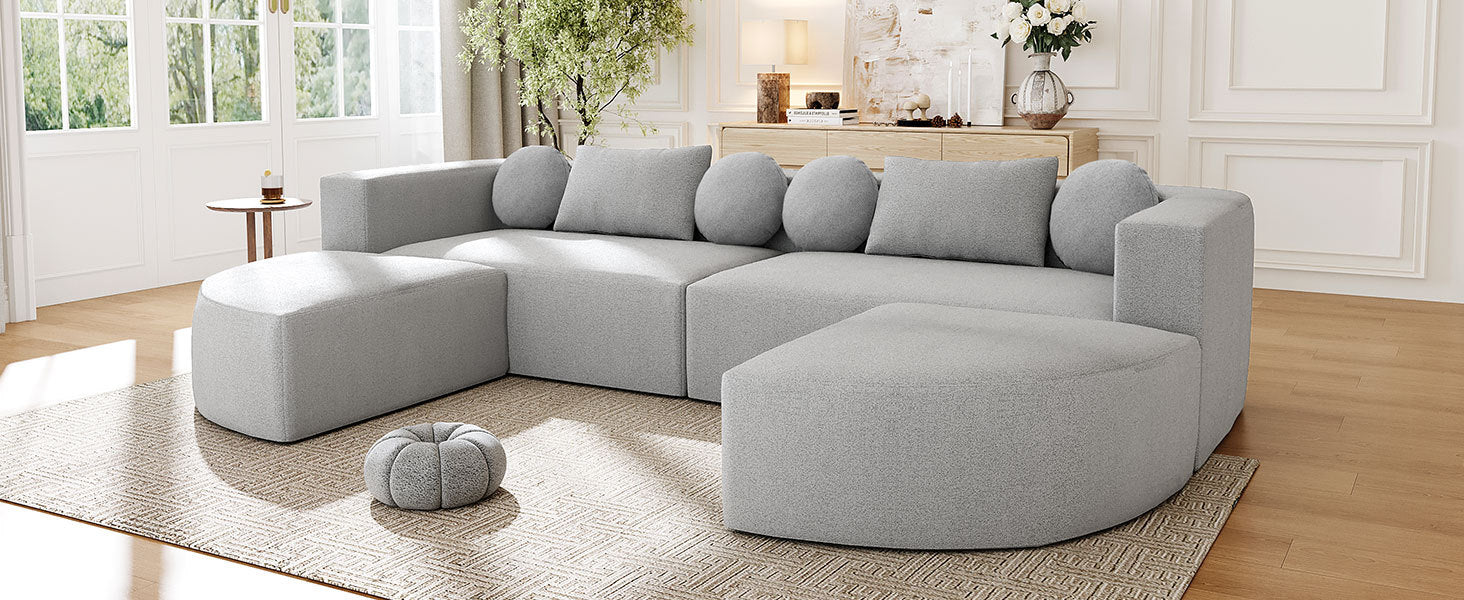 Sectional Sofa U-Shape Modular Boucle Gray 6-Seat Deep Seating 114.9x64.5 In