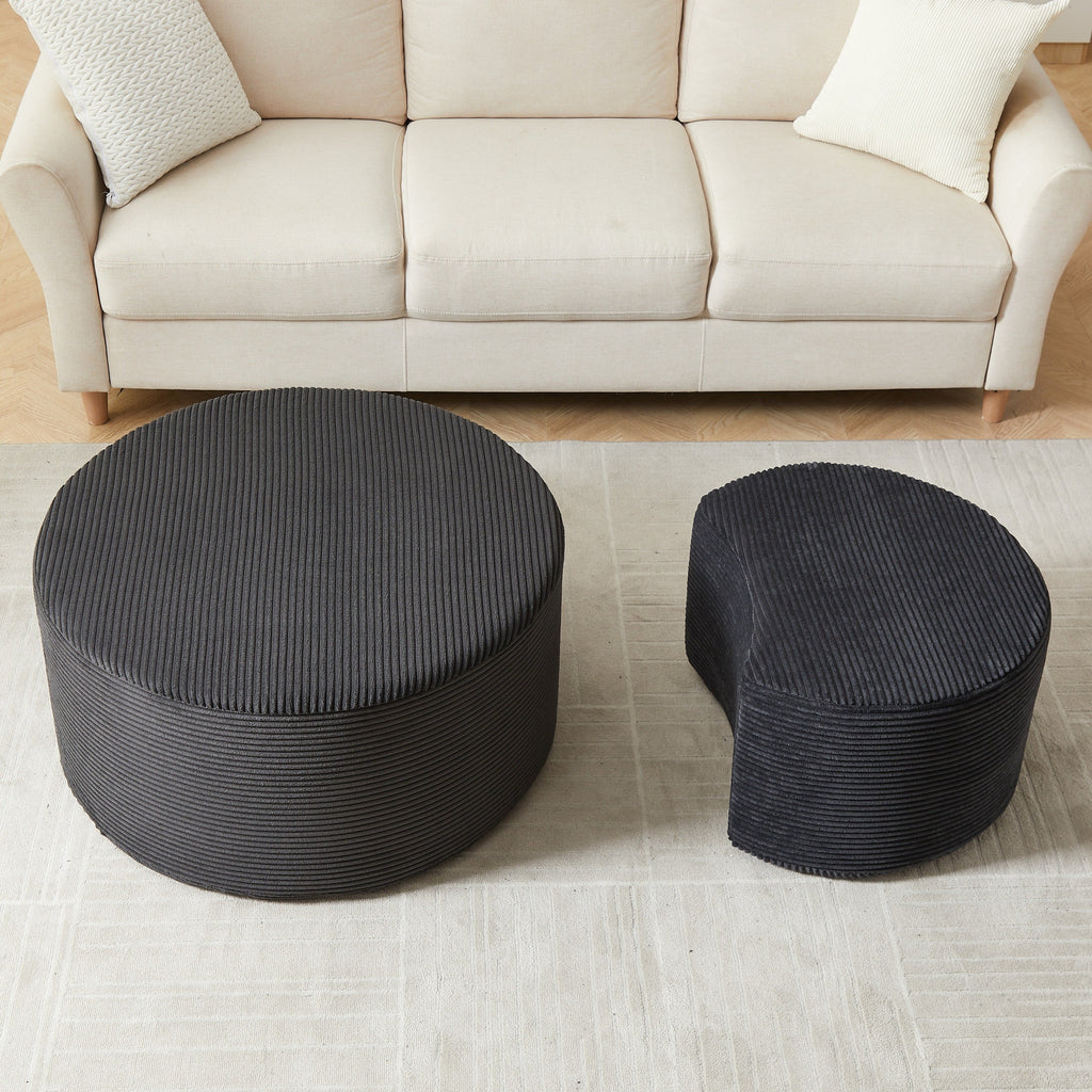 Upholstered Round Coffee Table Set of 2, Black Corduroy Fabric, No Assembly