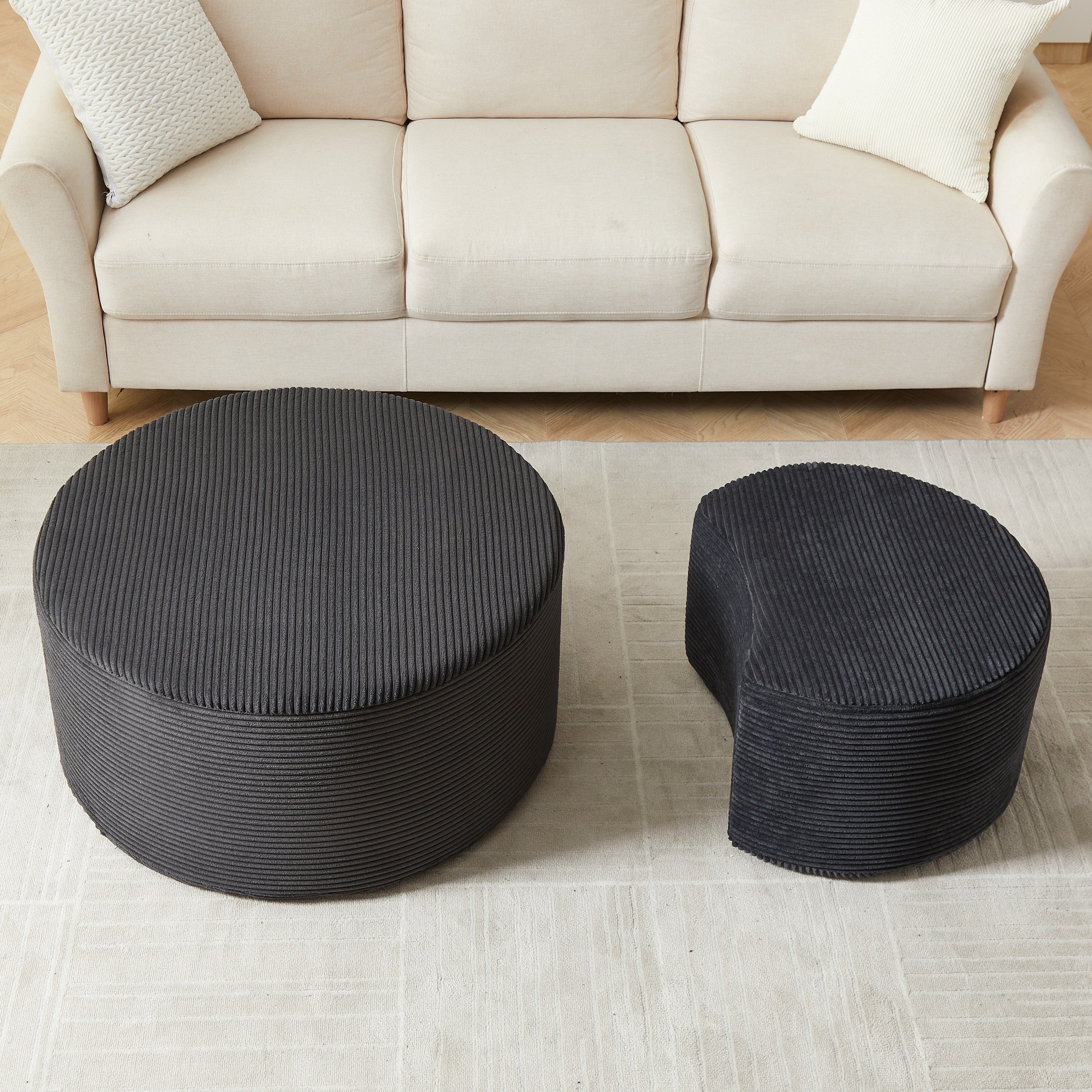 Upholstered Round Coffee Table Set of 2, Black Corduroy Fabric, No Assembly