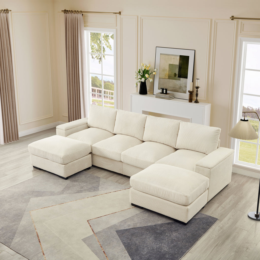 Sectional Sofa L-Shaped Modern Corduroy Beige 122-inch Sleeper with Ottomans