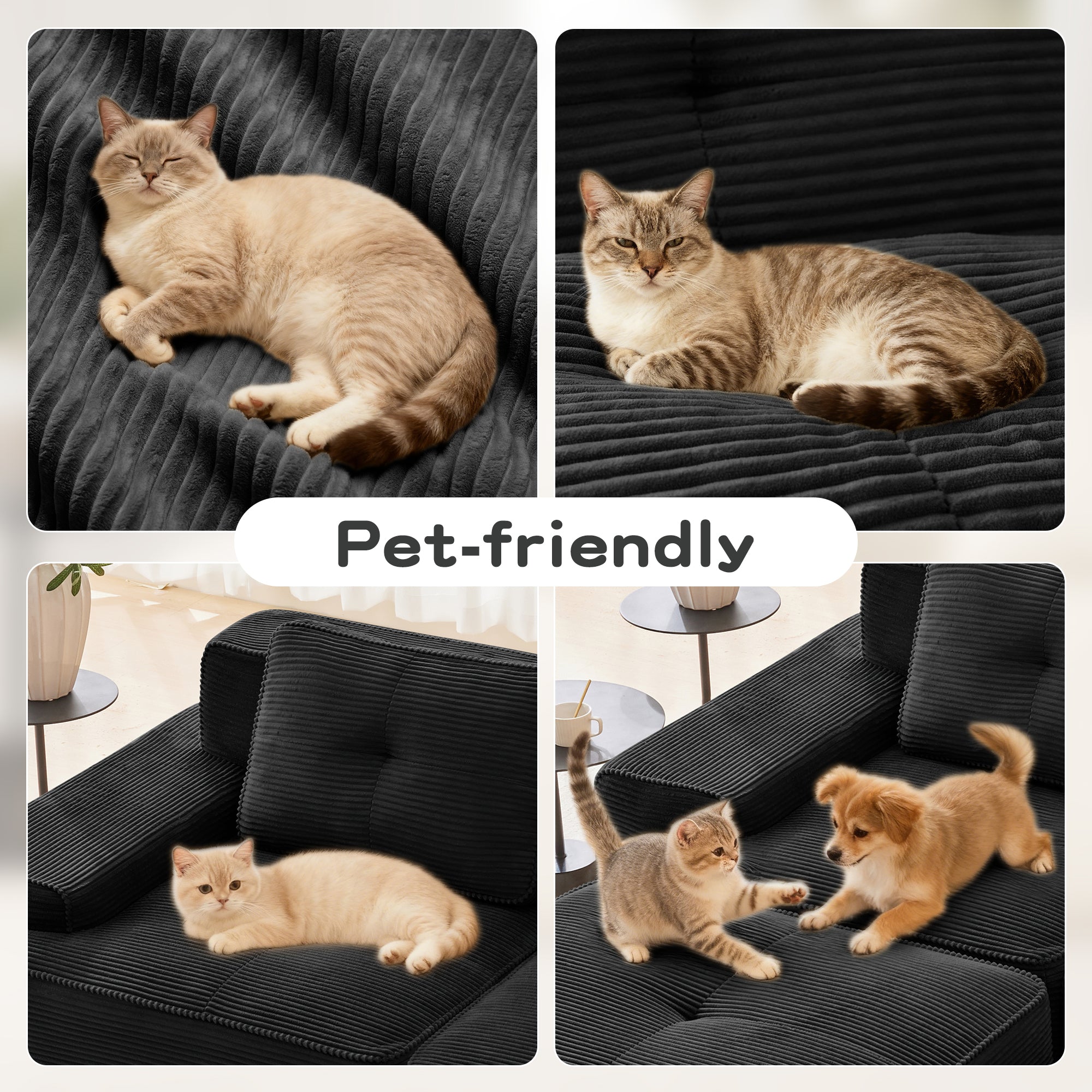 Sectional Sofa Modular Corduroy Black 3 Seater Tufted