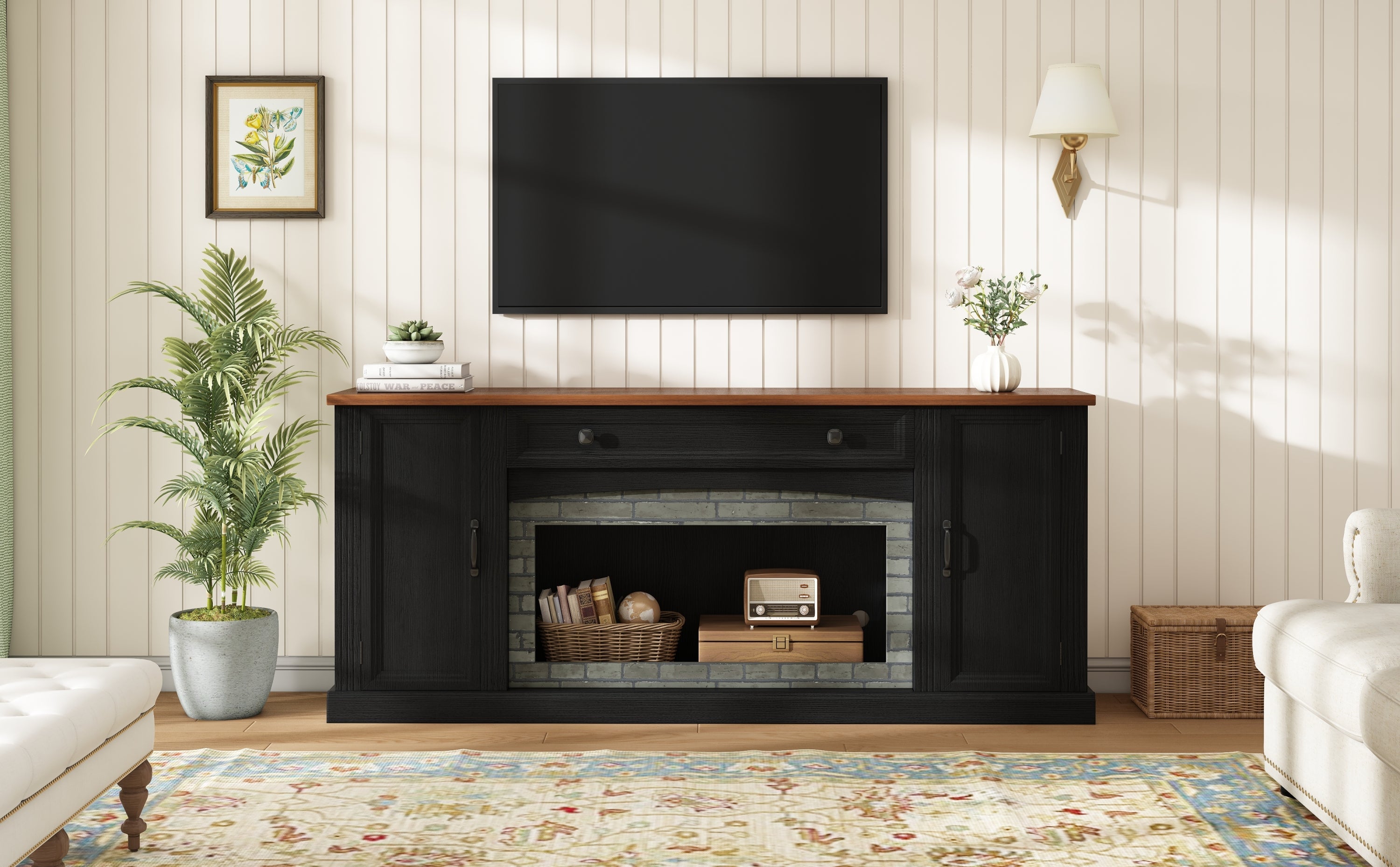 TV Stand Modern Walnut Top Gray Brick MDF Sliding Door Fits 70 In TV 66.9 In