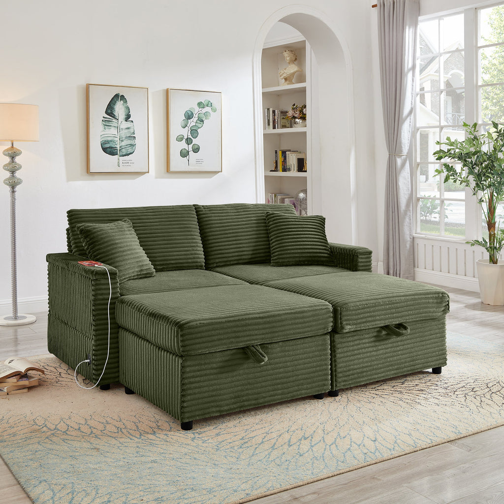 Sectional Sofa L-Shape Corduroy Green Storage Chaise 2 Ottomans USB 69 In