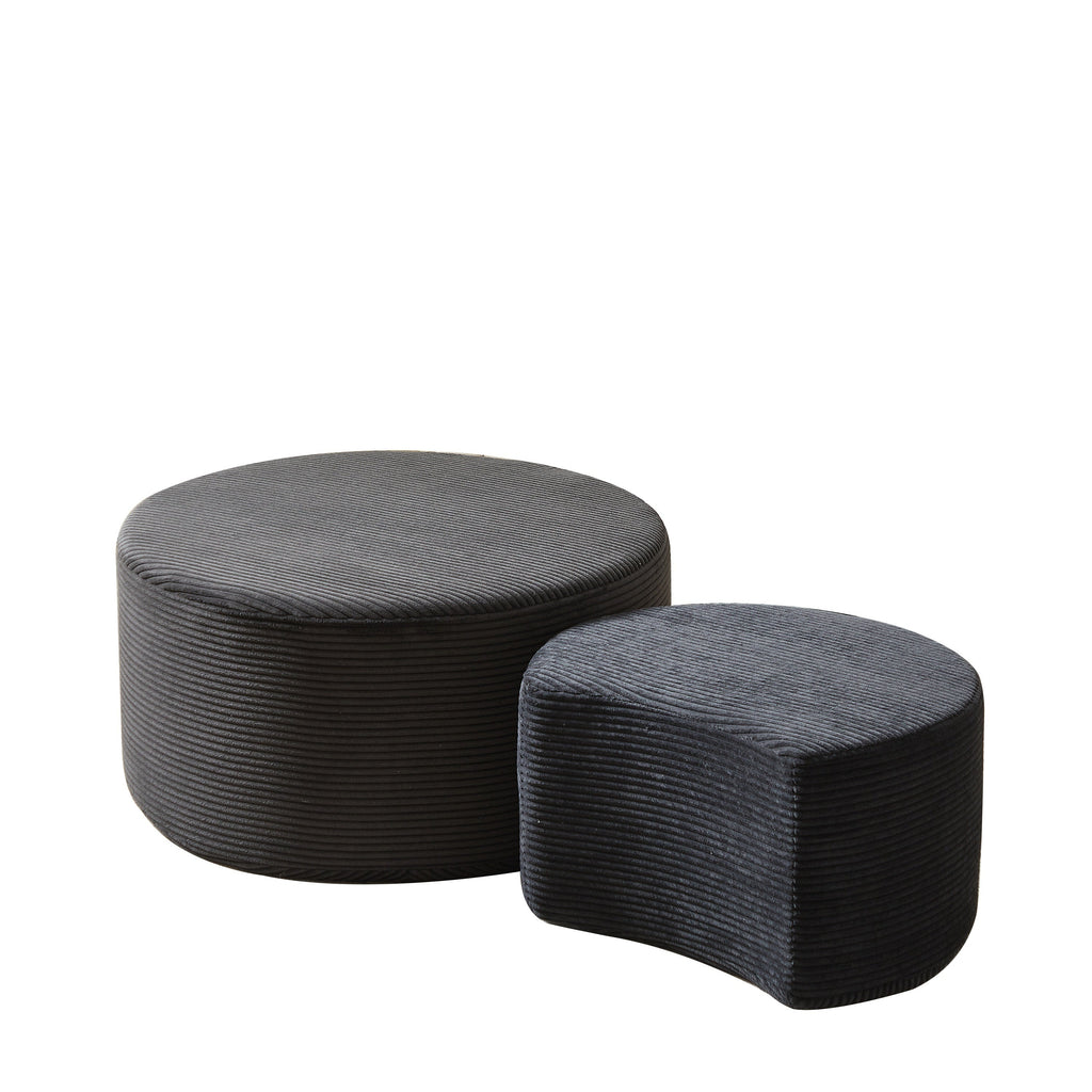 Upholstered Round Coffee Table Set of 2, Black Corduroy Fabric, No Assembly