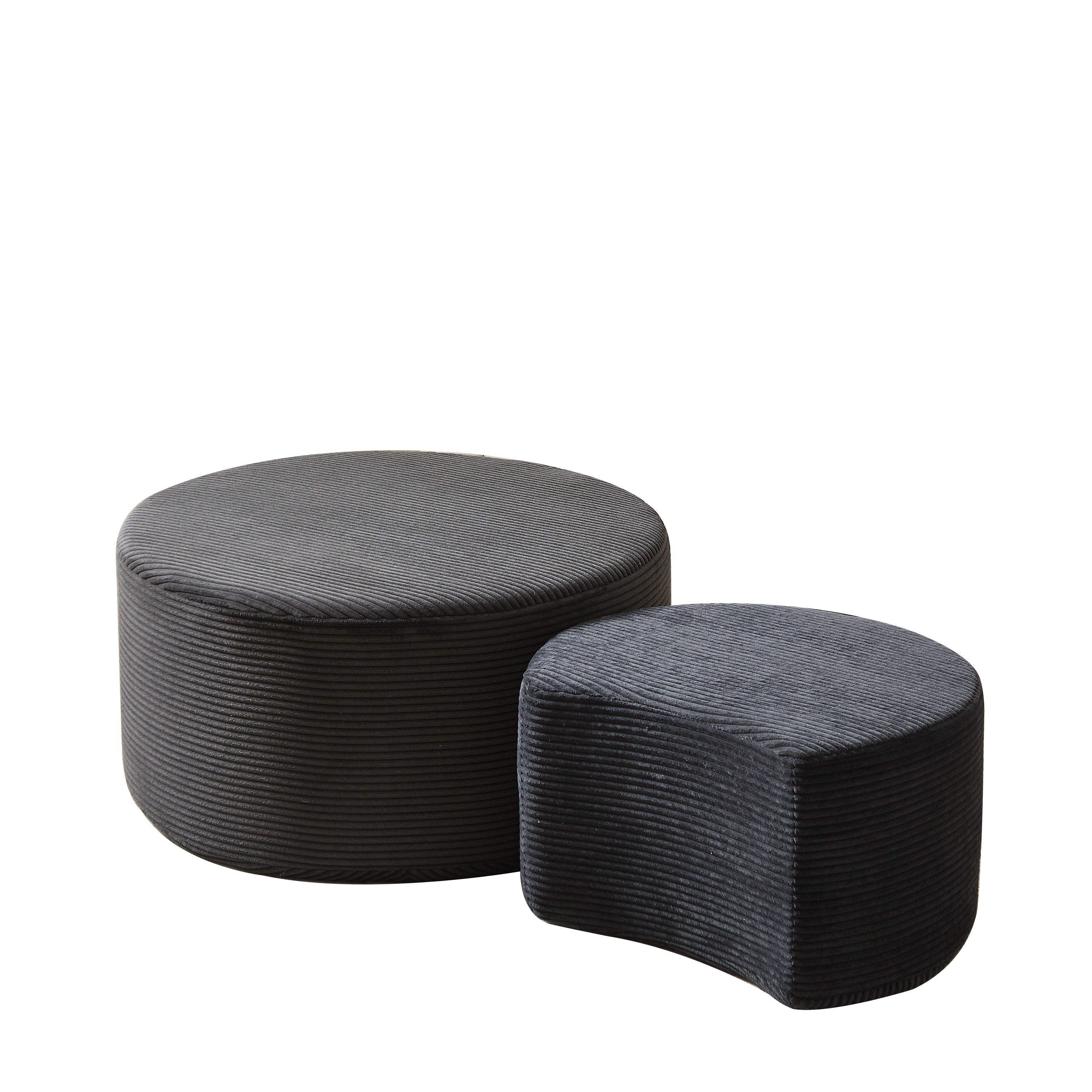 Upholstered Round Coffee Table Set of 2, Black Corduroy Fabric, No Assembly