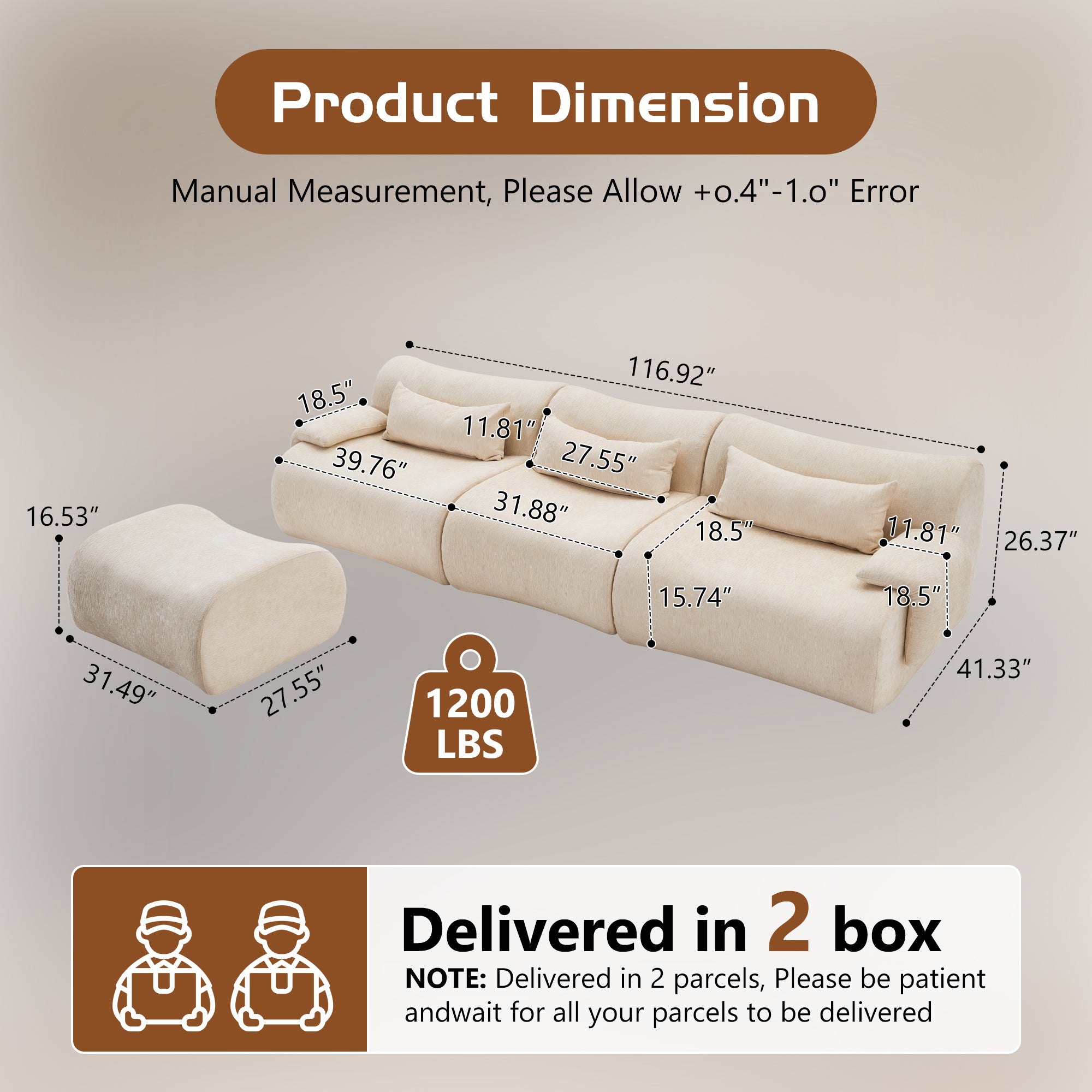 Sofa Curved White 3 Seater with Anti Slip No Assembly Chaise