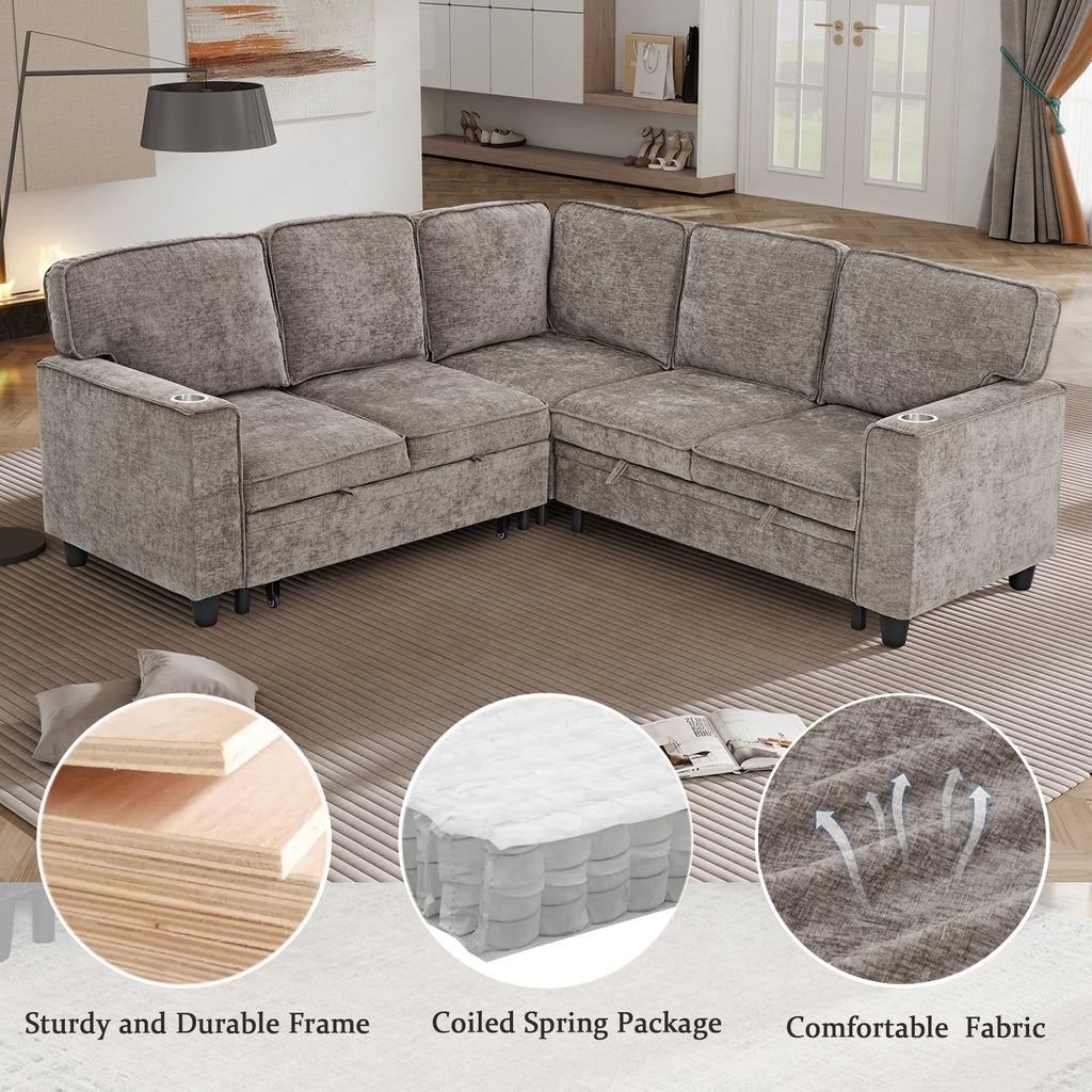 Sectional Sofa L-Shape Chenille Brown 5 Seat USB Ports Pull-Out 81 In