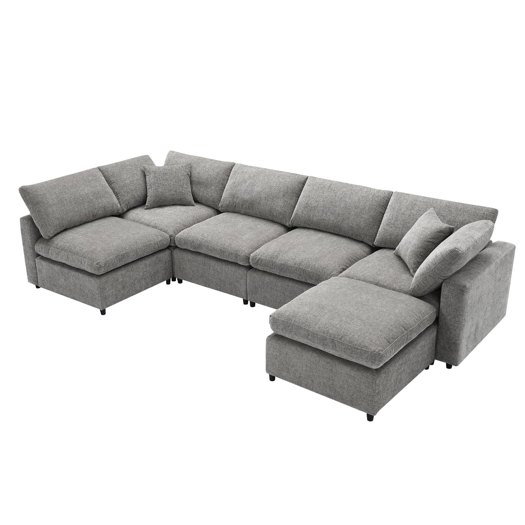 Sofa Modular U-Shape Chenille Gray 6 Seat Convertible Ottoman 130 In
