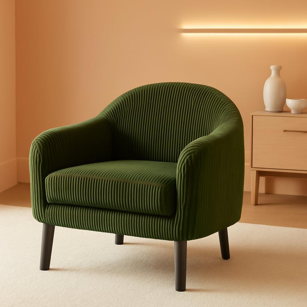 Corduroy Green Barrel Chair 30 Inch Wide With Wood Legs