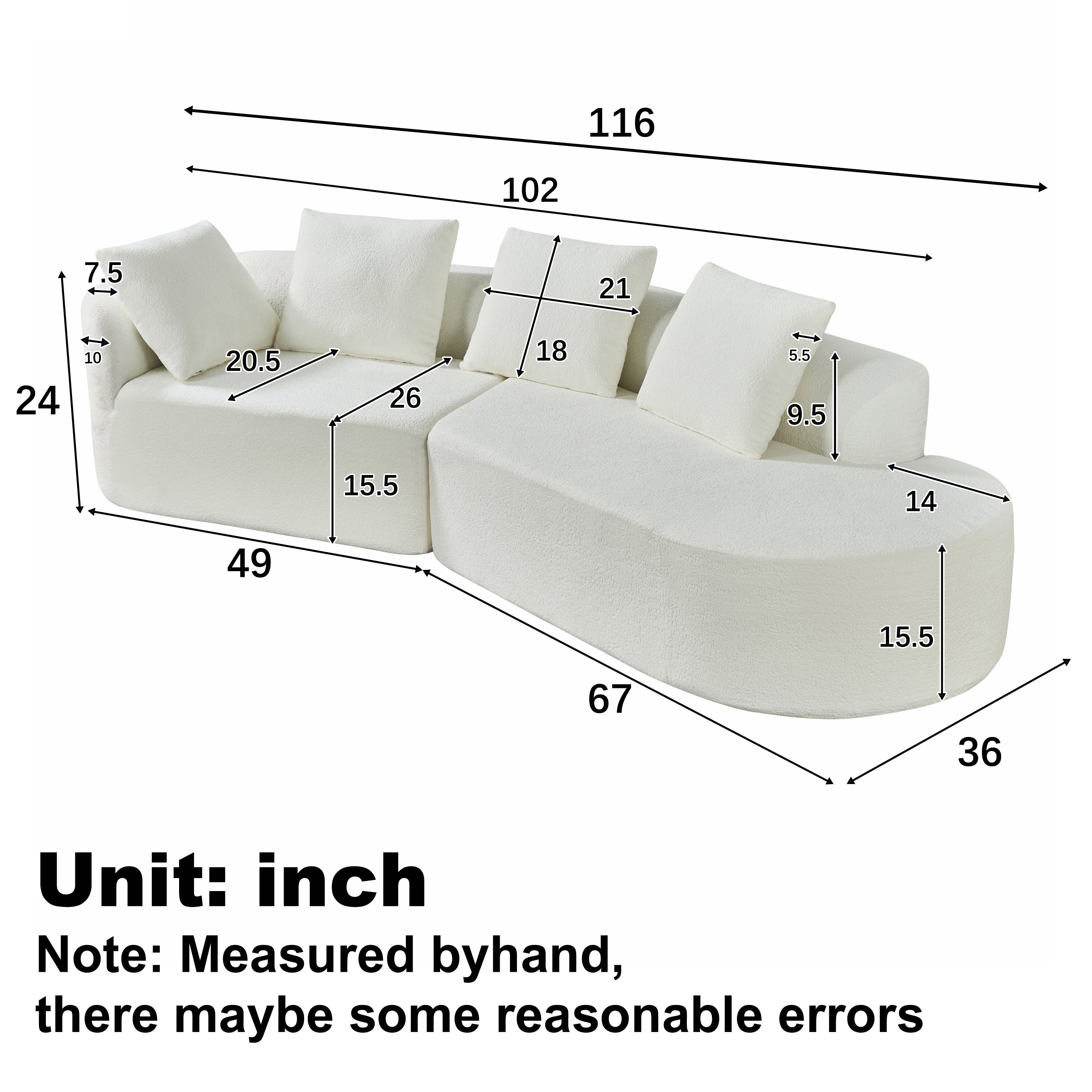 Sectional Sofa Modern Curved Pearl Upholstery 2-piece Right-Hand Chaise