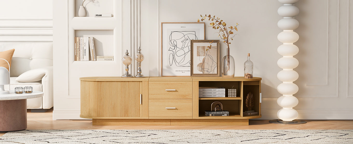 TV Stand American Style Acacia MDF Sliding Door Rounded Corners Fits 75 In TV