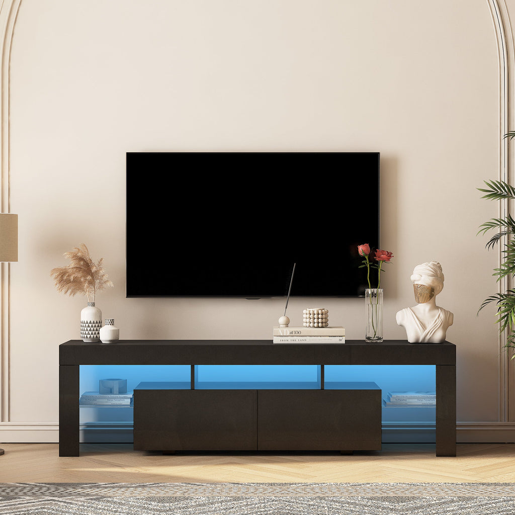 TV Stand High Gloss LED Black MDF Storage Cabinet Fits 65 In TV
