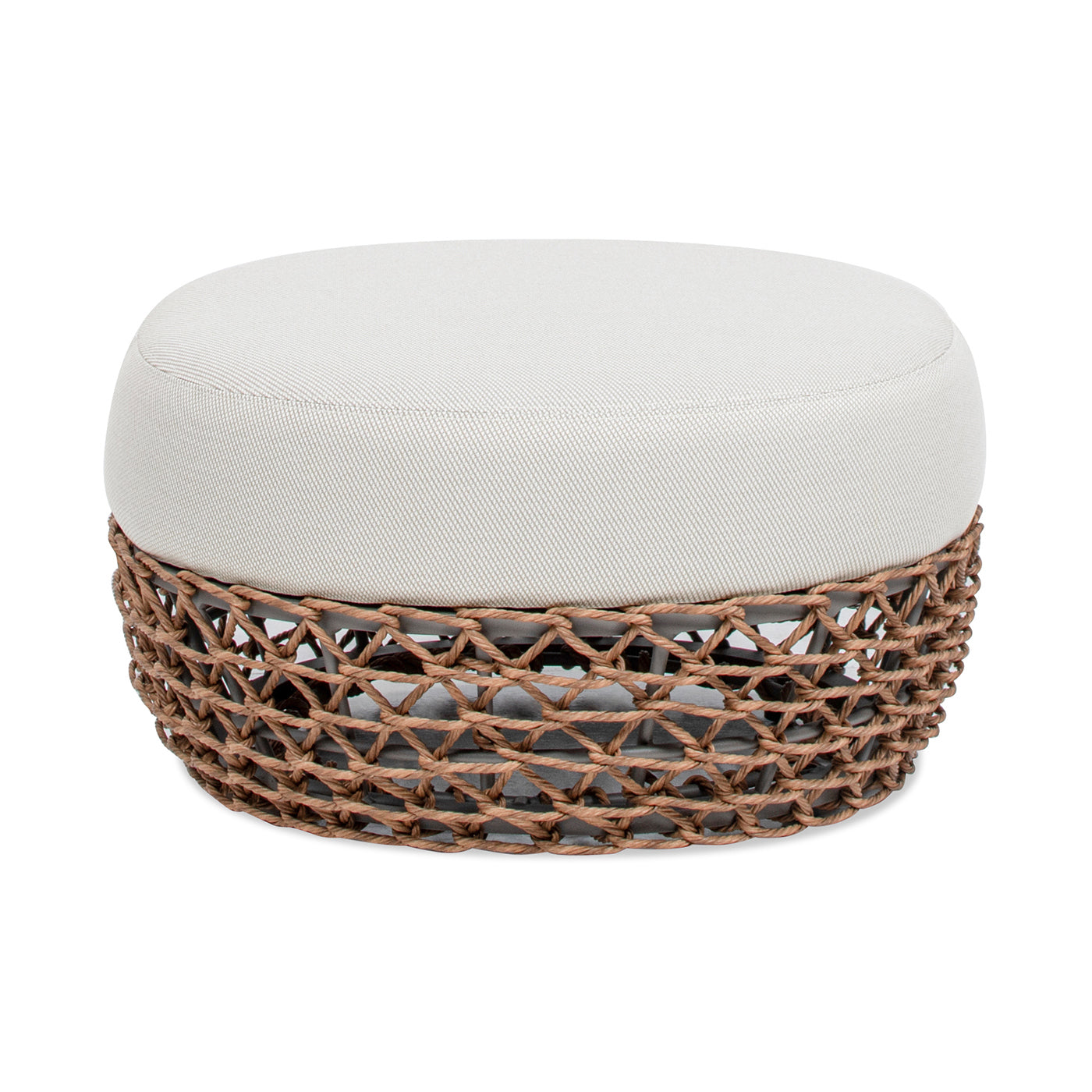 Outdoor Round Ottoman - Wheat Beige Cushion, Golden Brown Wicker Frame, 25in