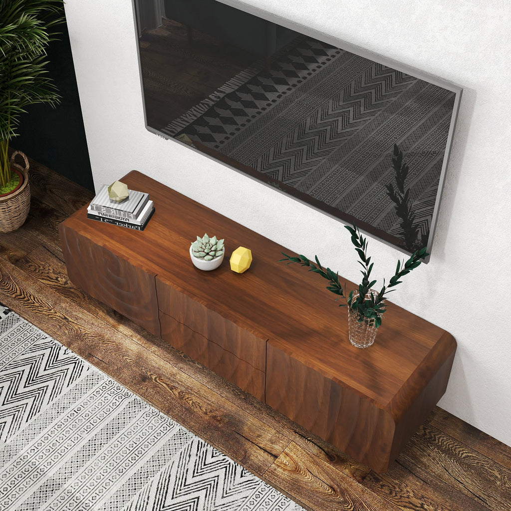 TV Stand Spiral Wave Walnut MDF Floating Base Fits 60 In TV 58.3 In