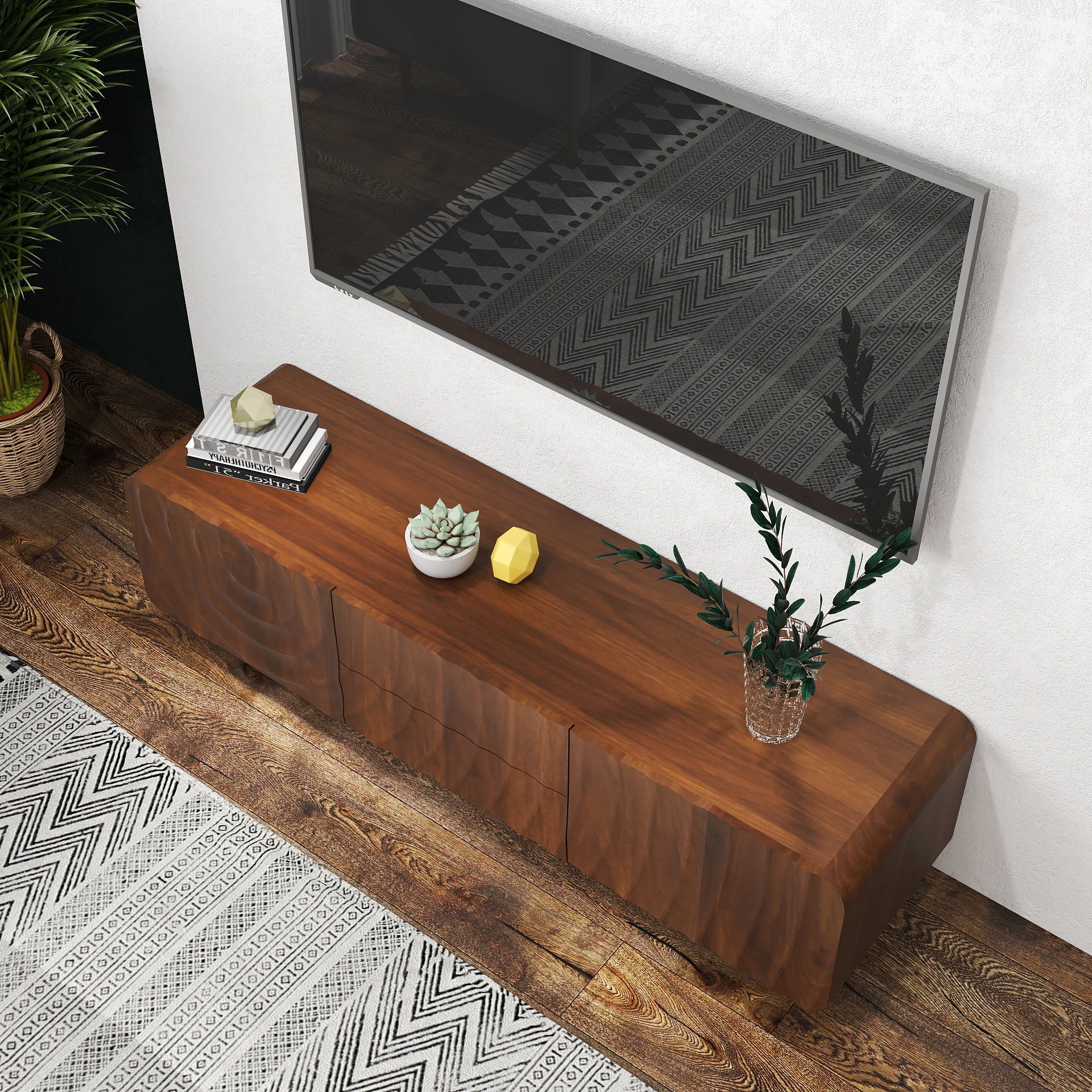 TV Stand Spiral Wave Walnut MDF Floating Base Fits 60 In TV 58.3 In