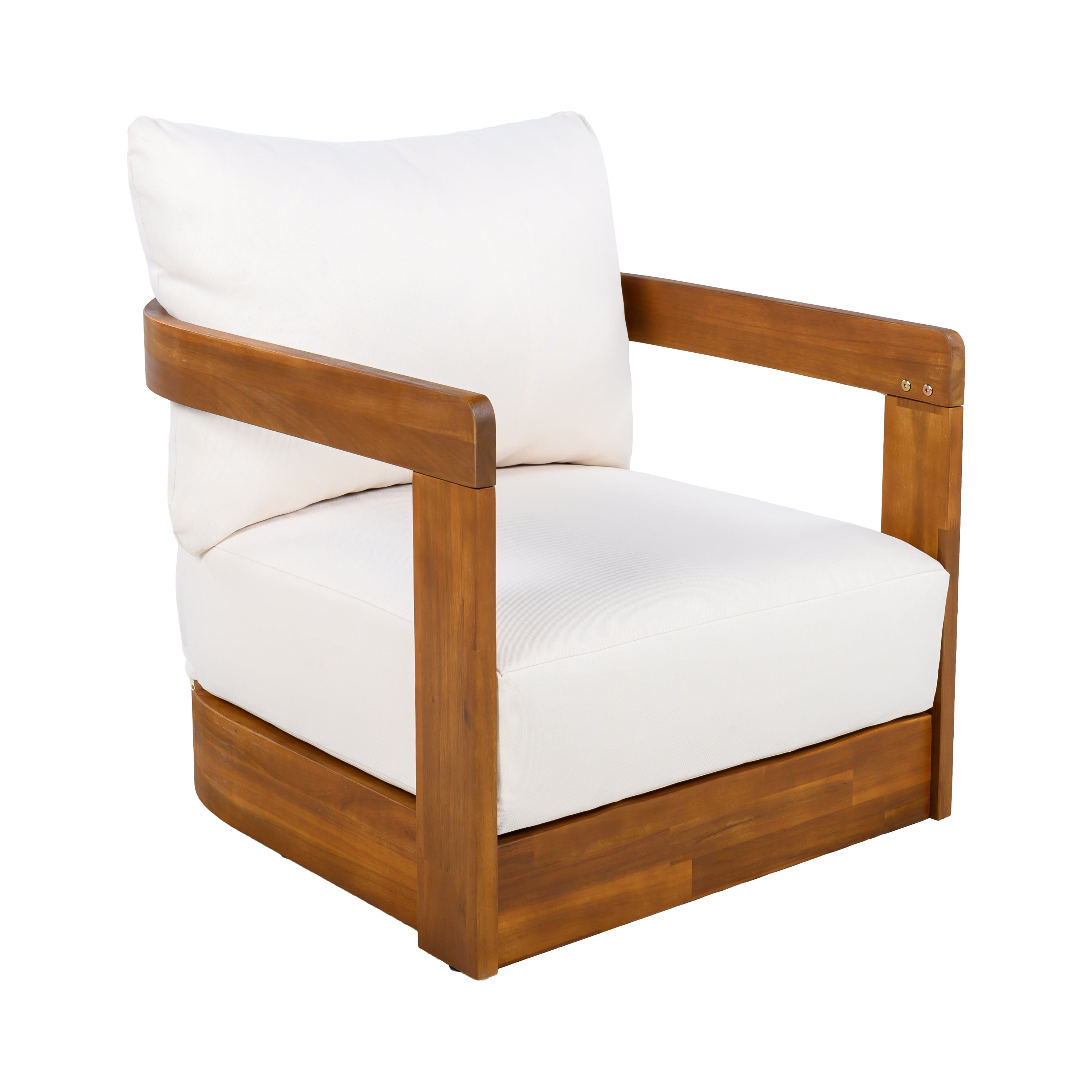 Outdoor Club Chair Acacia Wood Tub Shape Teak Beige Cushion