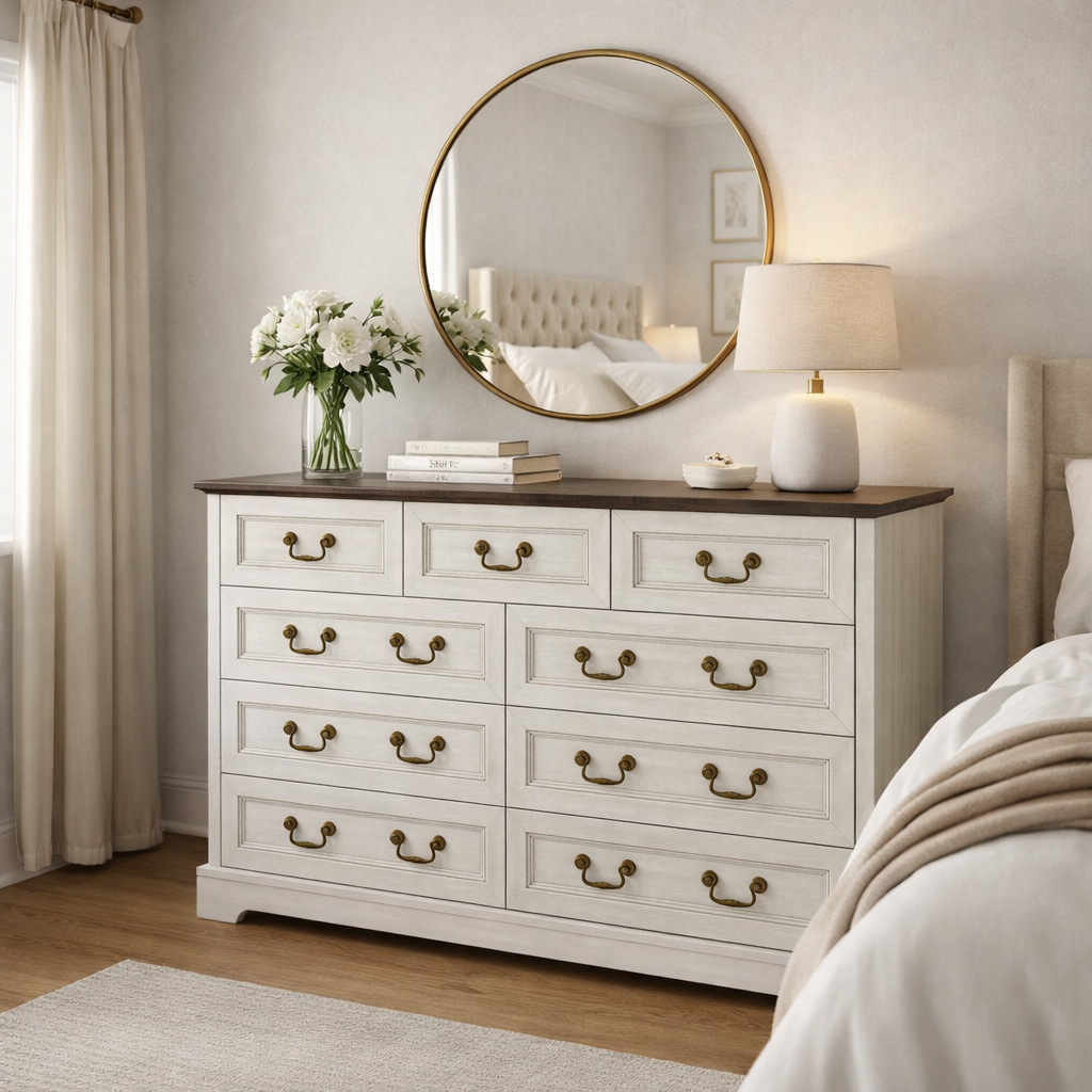 Dresser Farmhouse 9-Drawer Antique Gray MDF Brass Handles 55.1x37.2 In