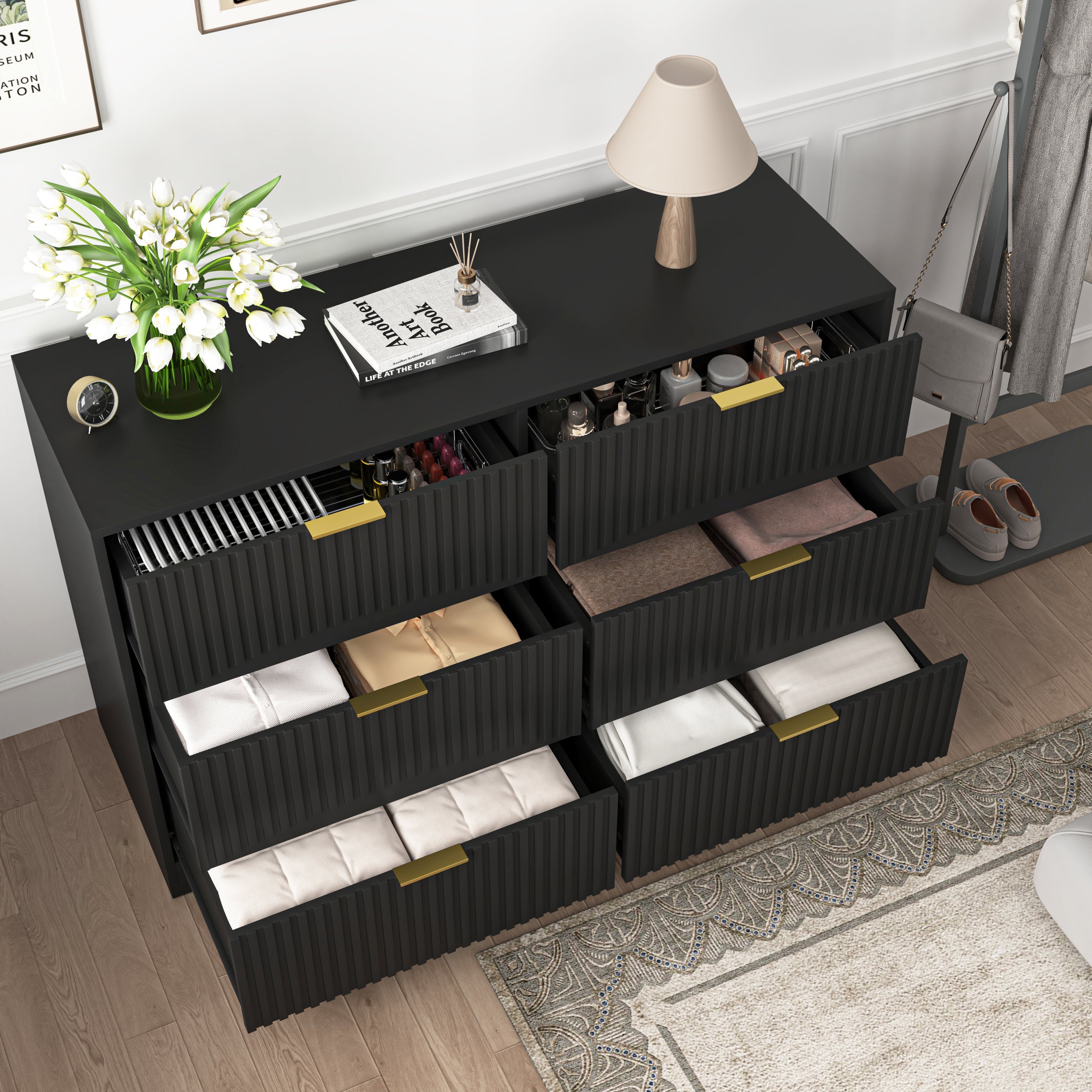 Dresser Modern 6-Drawer Black Particle Board 47.2x15.74x30.3 In
