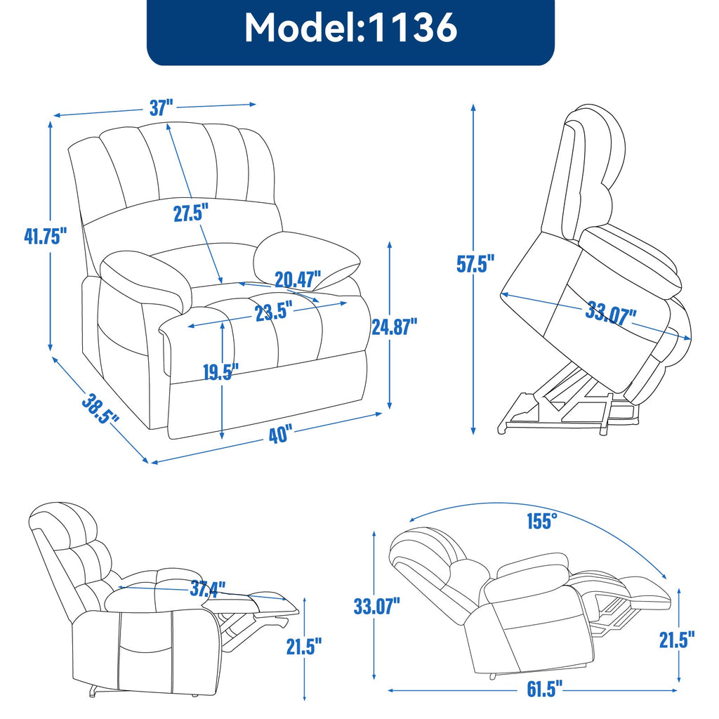 Lift Recliner Chair Power Oversized Chenille Beige 23 In Seat USB 350 LB