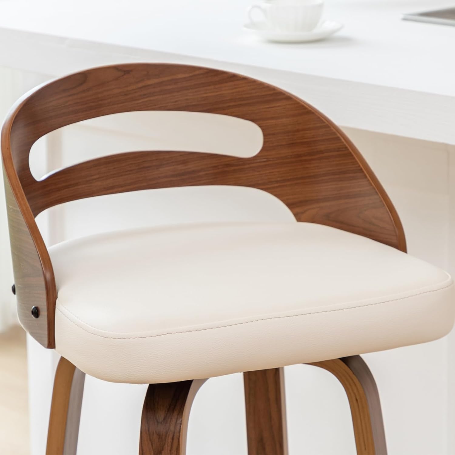 Bar Stools Set of 3 Swivel 30 Inch Beige Faux Leather