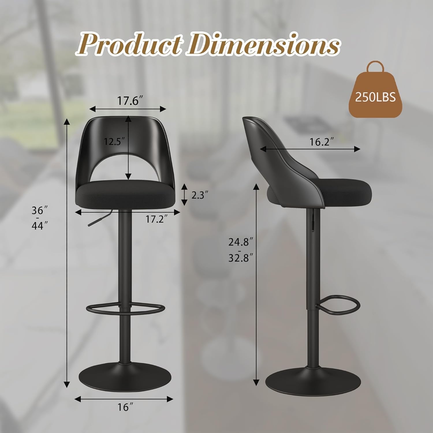 Bar Stools Set Of 3 Height Adjustable Swivel Black