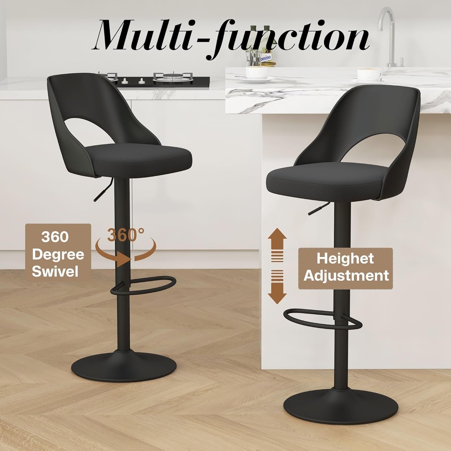Bar Stools Set Of 3 Height Adjustable Swivel Black